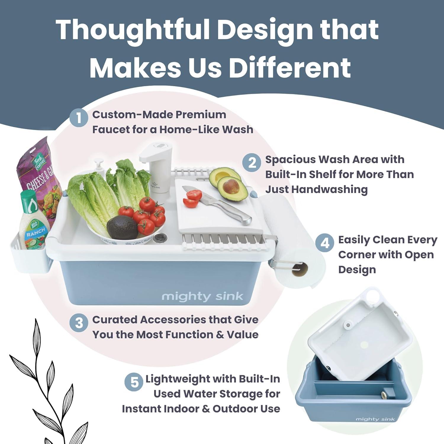 Mighty Sink Portable Sink: Patented Wash Station with Electronic Faucet | 2 Gallons | Easy Setup | Indoor & Outdoor Use | Ideal for Dishwashing, Camping Hygiene, Gardening, Pottery & More