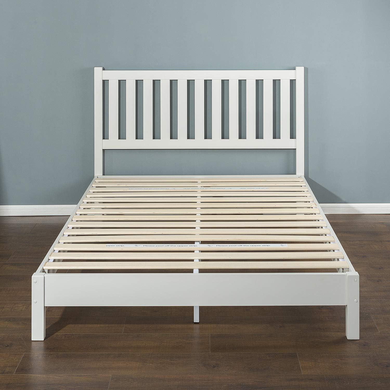 Queen Off-White Pine Wood Platform Bed with Slatted Headboard
