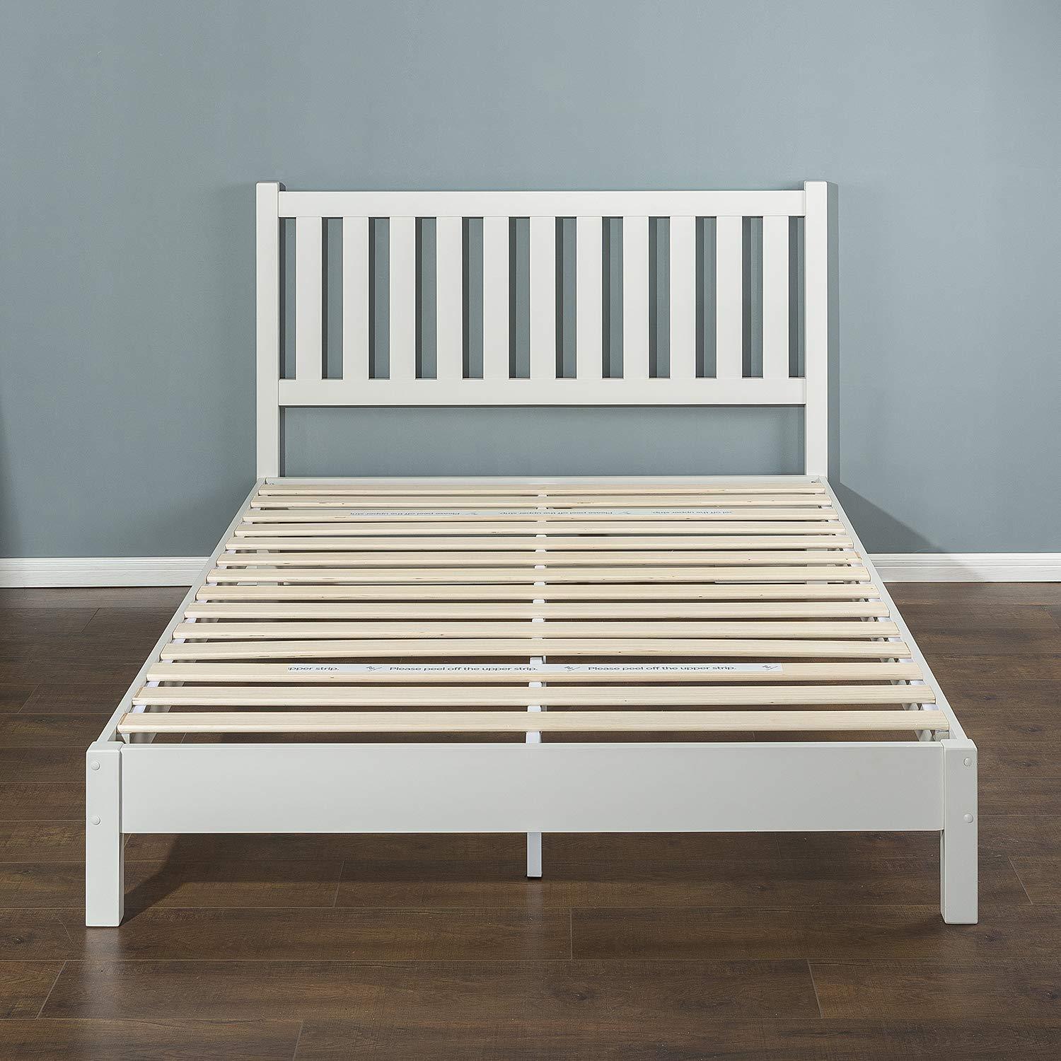 Queen Off-White Pine Wood Platform Bed with Slatted Headboard