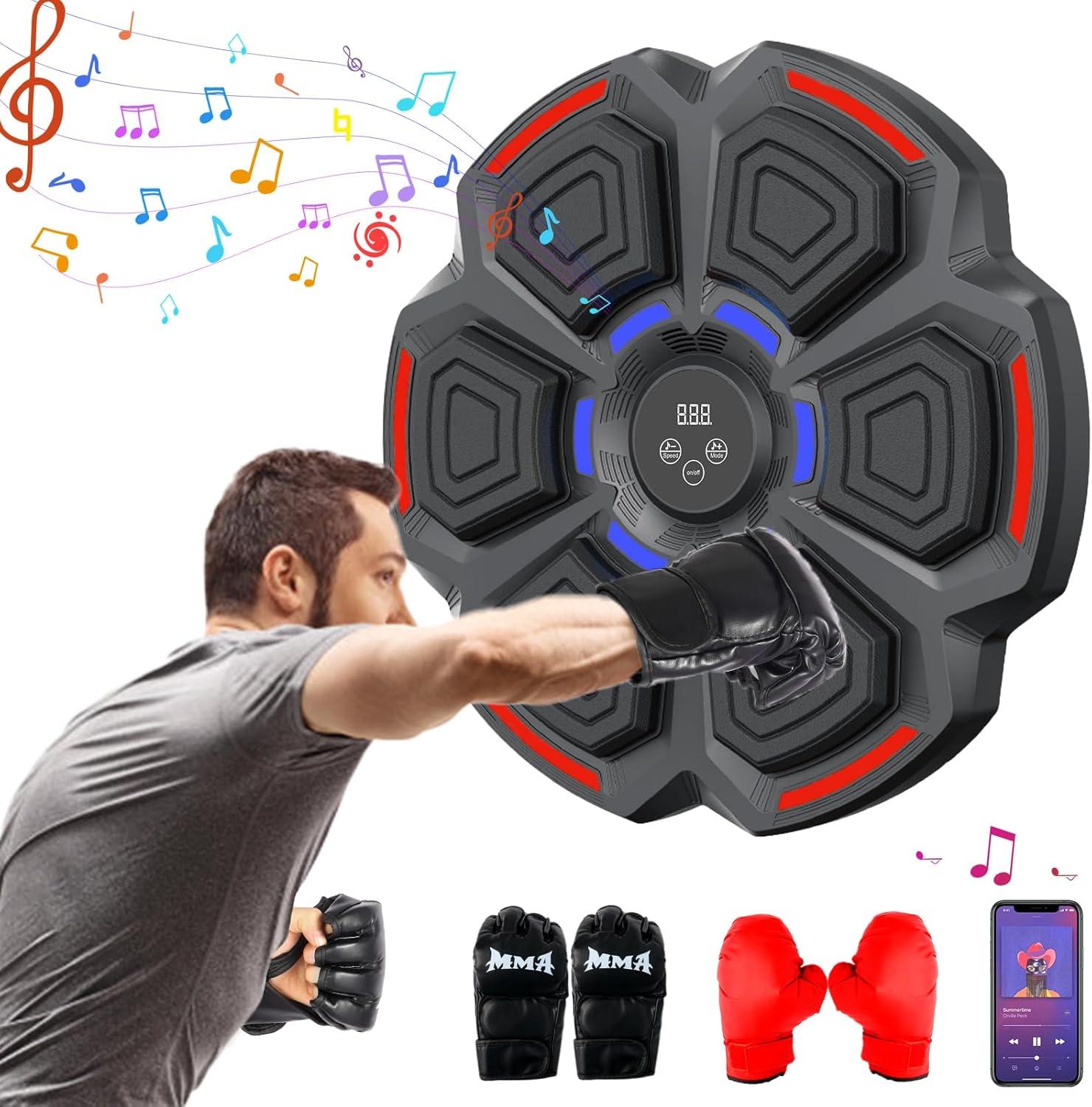 Music Boxing Machine for Adults : Smart Bluetooth Wall Mounted Punching Trainer with Gloves - Interactive Boxing Target - Workout Boxing Equipment for Home Gym Office