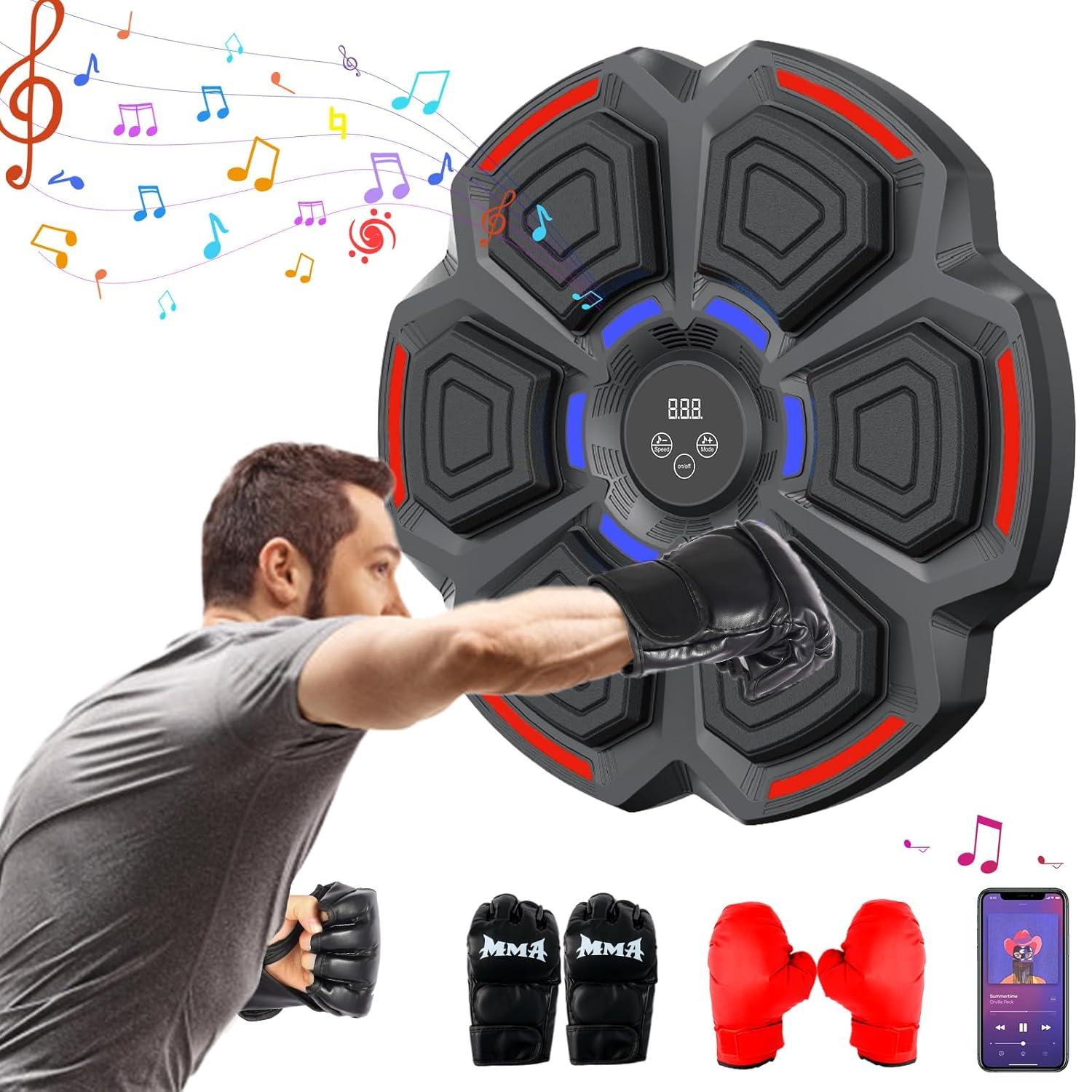 Music Boxing Machine for Adults : Smart Bluetooth Wall Mounted Punching Trainer with Gloves - Interactive Boxing Target - Workout Boxing Equipment for Home Gym Office