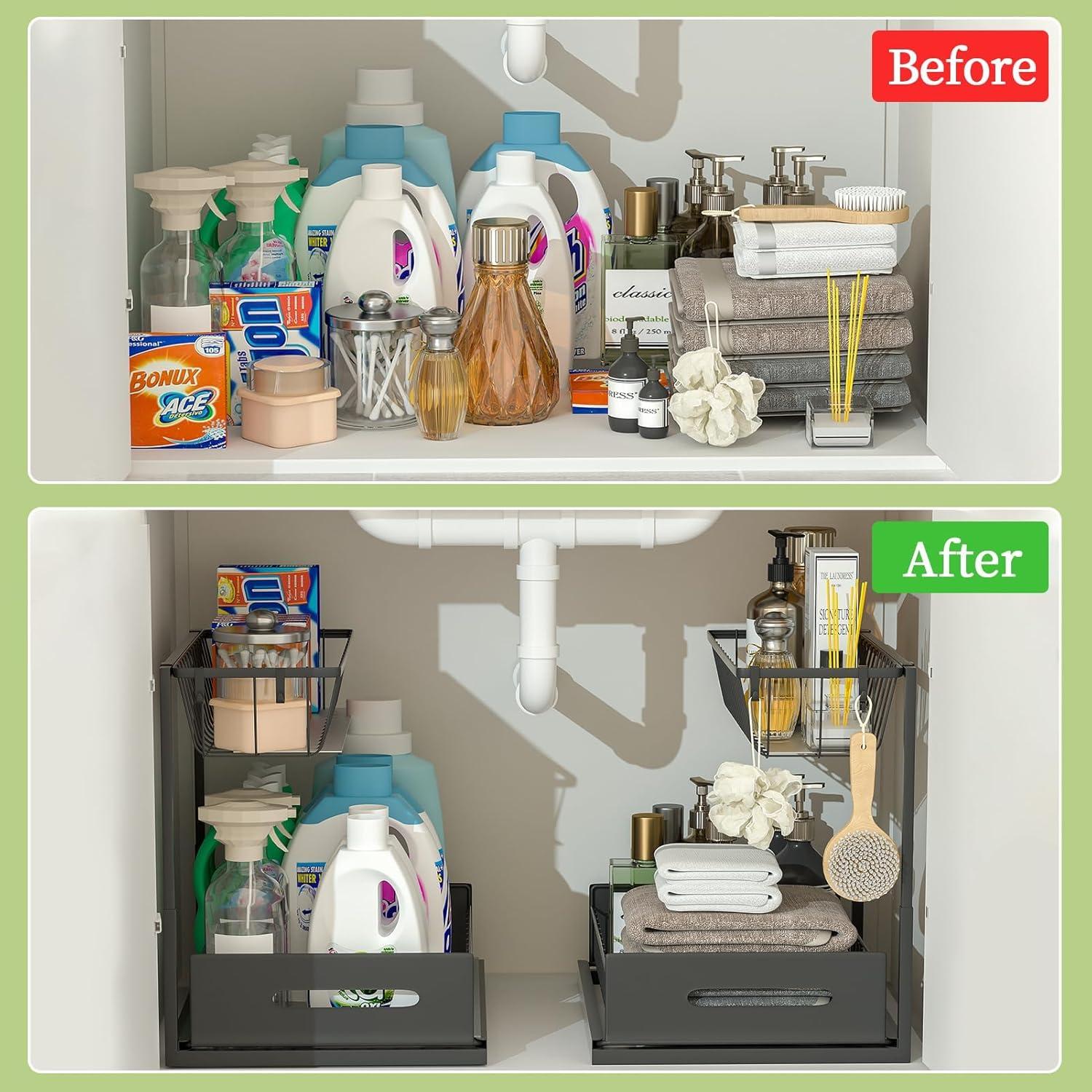 Rebrilliant Under Sink Organizer, 2 Tier Under Sink Organizers And Storage, Metal Slide Out Pull Out Cabinet Organizer ,2 Pack Sliding Drawer Organizer For Kitchen Bathroom Pantry