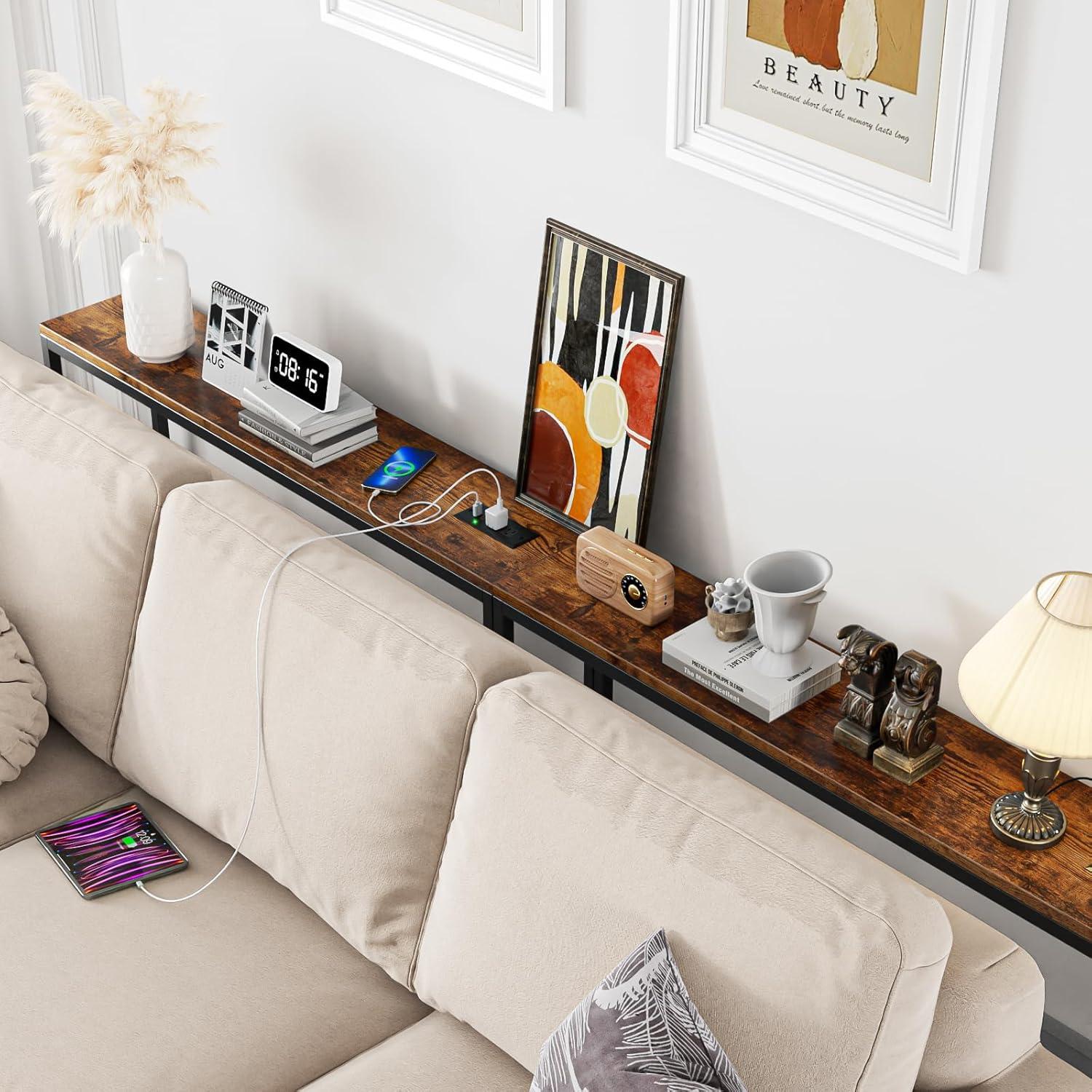 Rustic Brown Narrow Sofa Table with Power Outlets & USB Ports