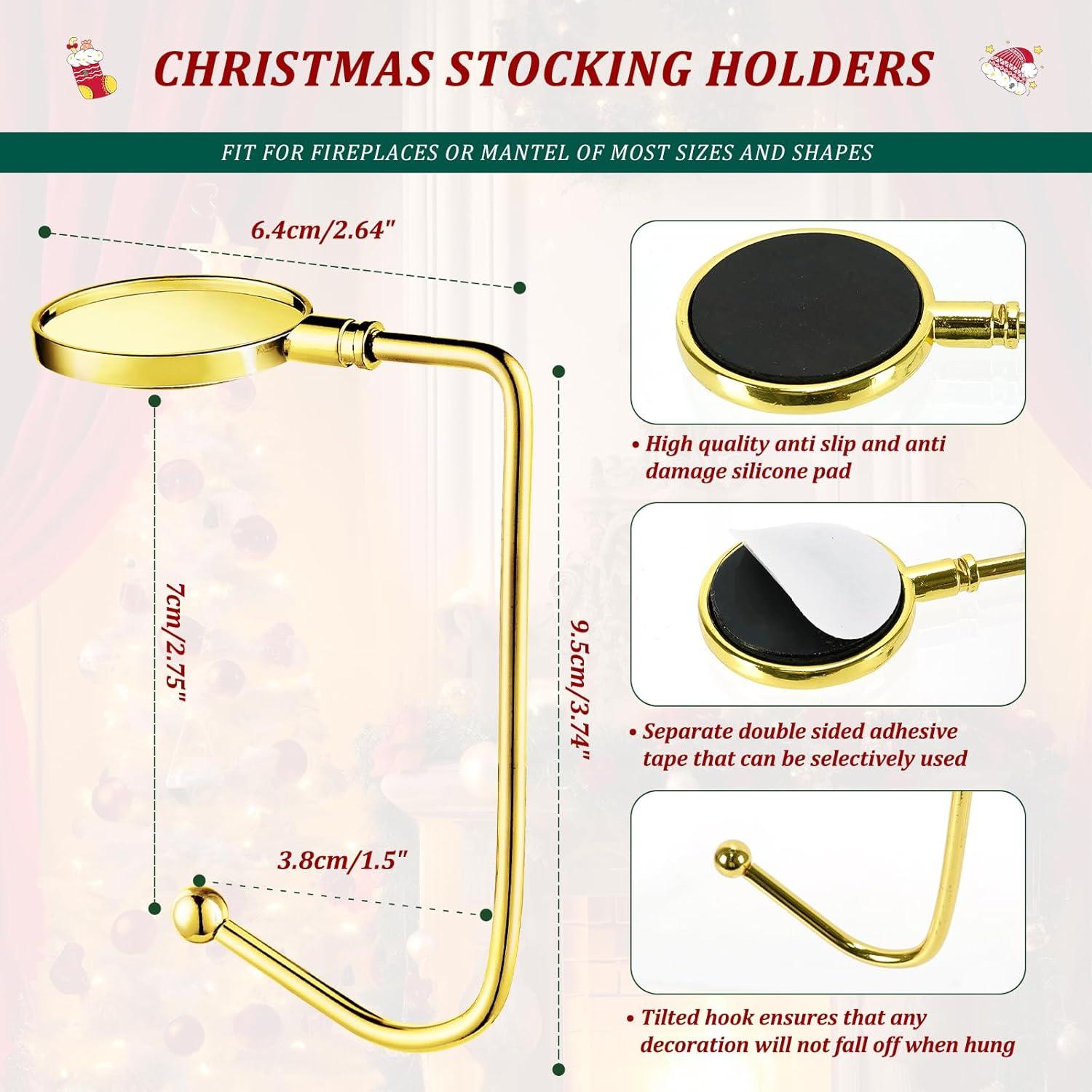 4 Pcs Christmas Stocking Holders for Mantel Hooks Hanger Grip Non-Slip Safety Fireplace Hang Hook for Xmas Christmas Valentine Holiday Party Decoration (Gold)