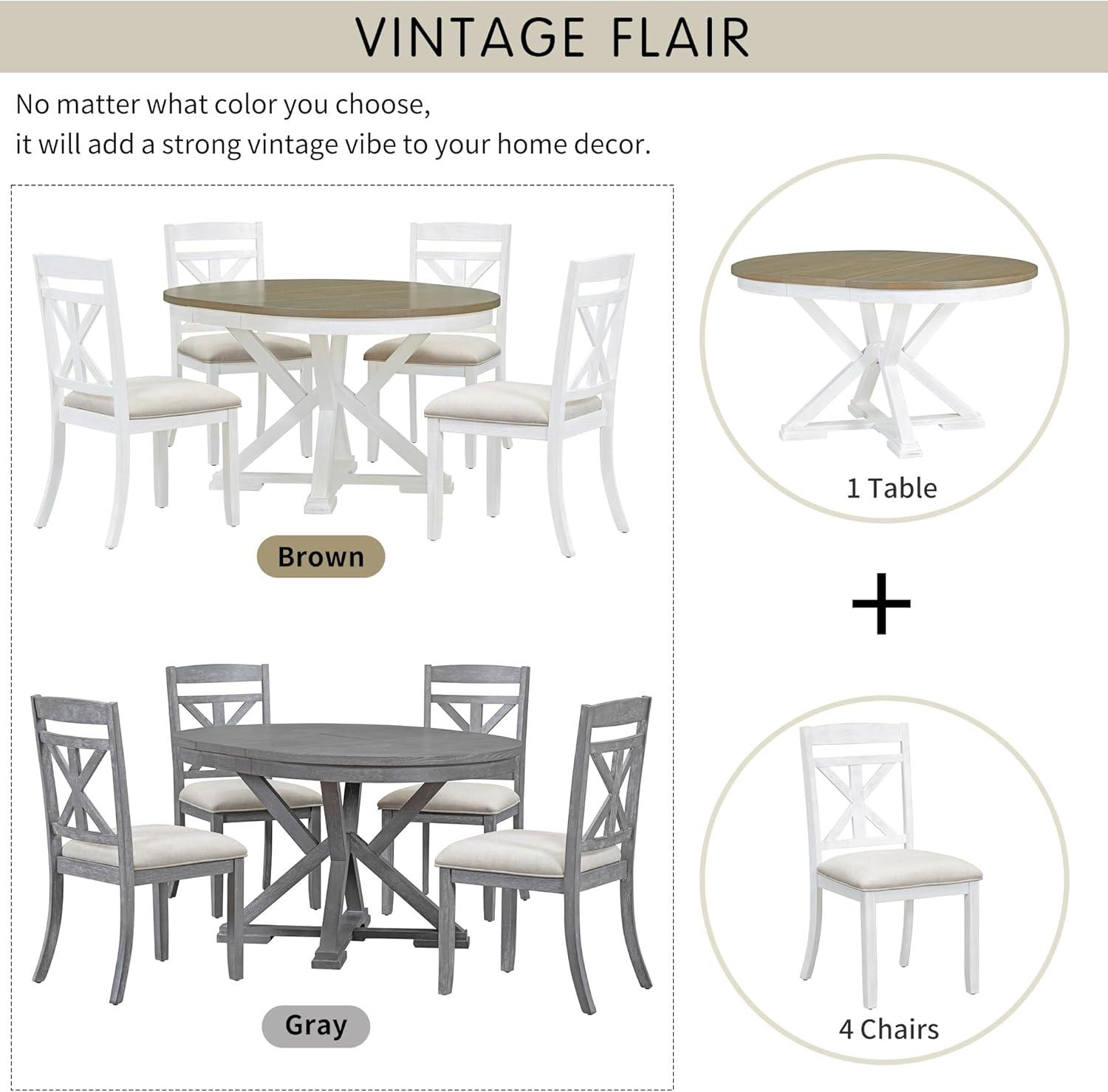 Bellemave Extendable Dining Table Set for 4, 5-Piece Round Table Set with 4 Chairs, Circle Table with Upholstered Chairs, Oval Kitchen Table Set with Extendable Table (Natural Wood Wash)