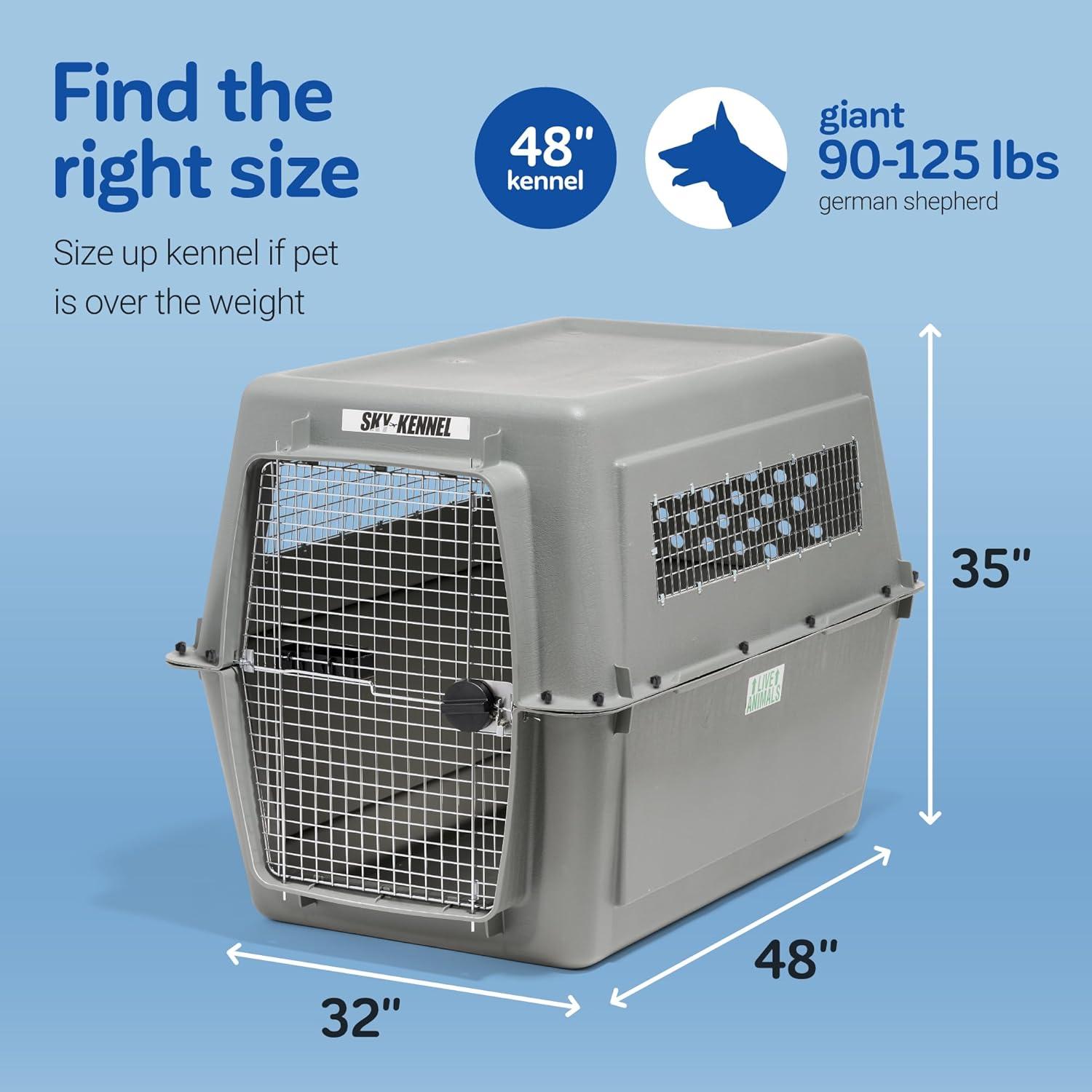 Petmate Sky Kennel IATA Airline Friendly Dog Crate Plastic Travel Pet Carrier, Jumbo XXL 48" for Dogs 90-125 lb, Gray