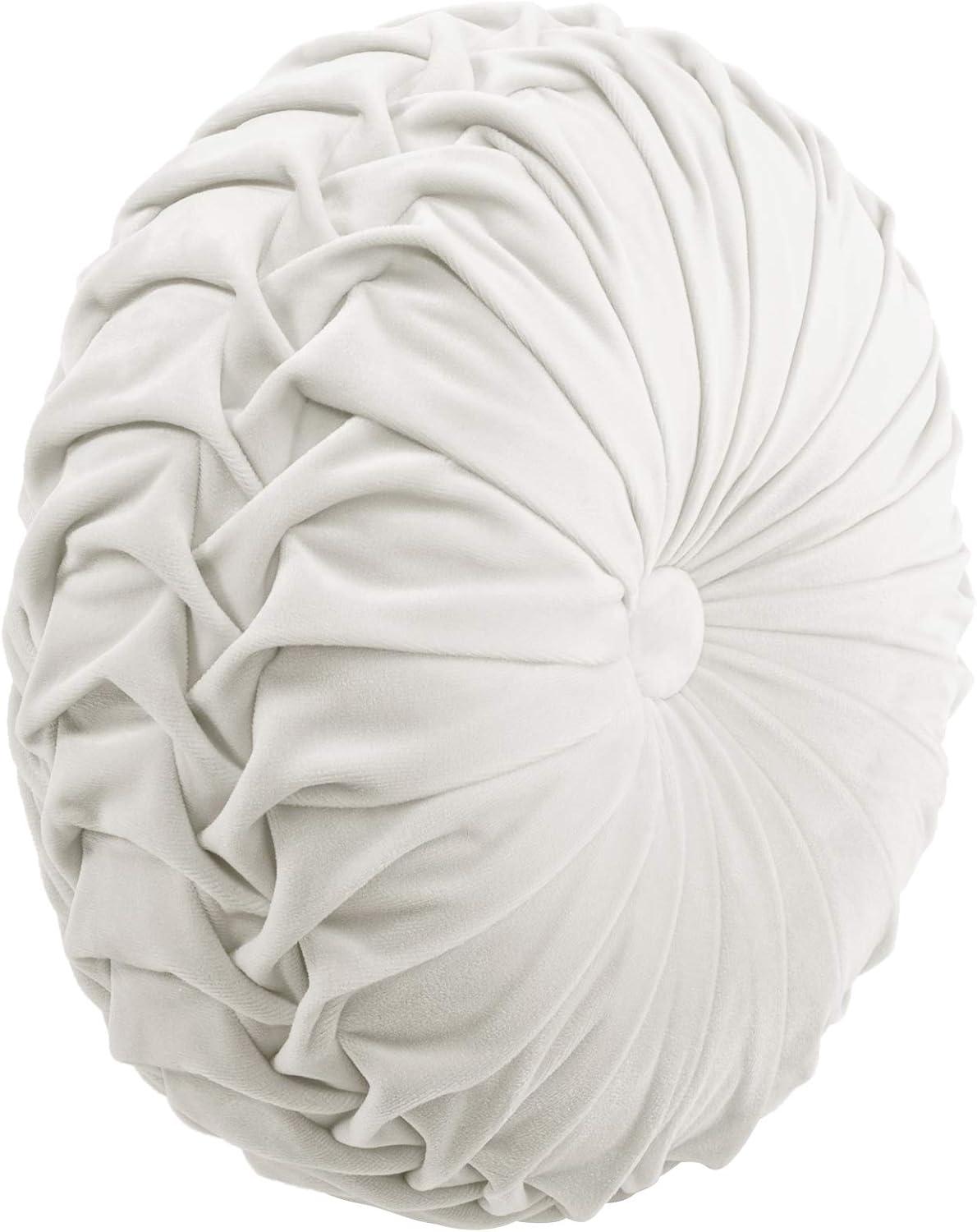 Lush Decor Round Pleated Soft Velvet Decorative Throw Pillow - 15 Inch Diameter, White