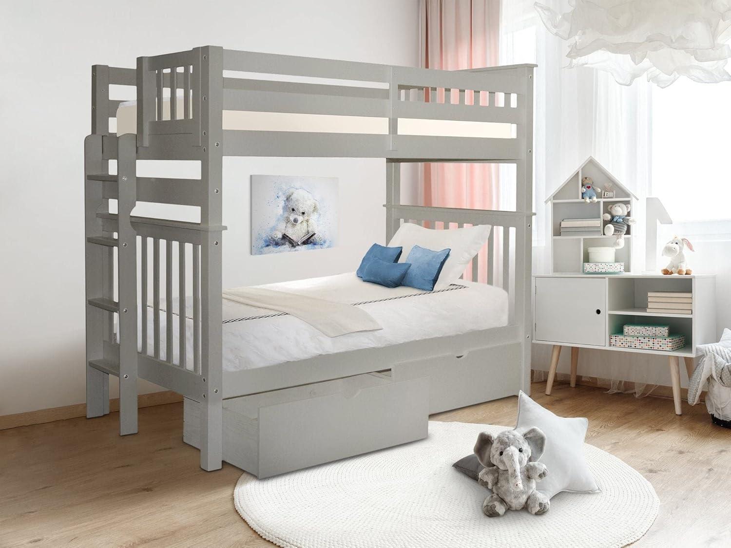 Bedz King Tall Bunk Beds Twin over Twin Mission Style with End Ladder and 2 Under Bed Drawers, Gray