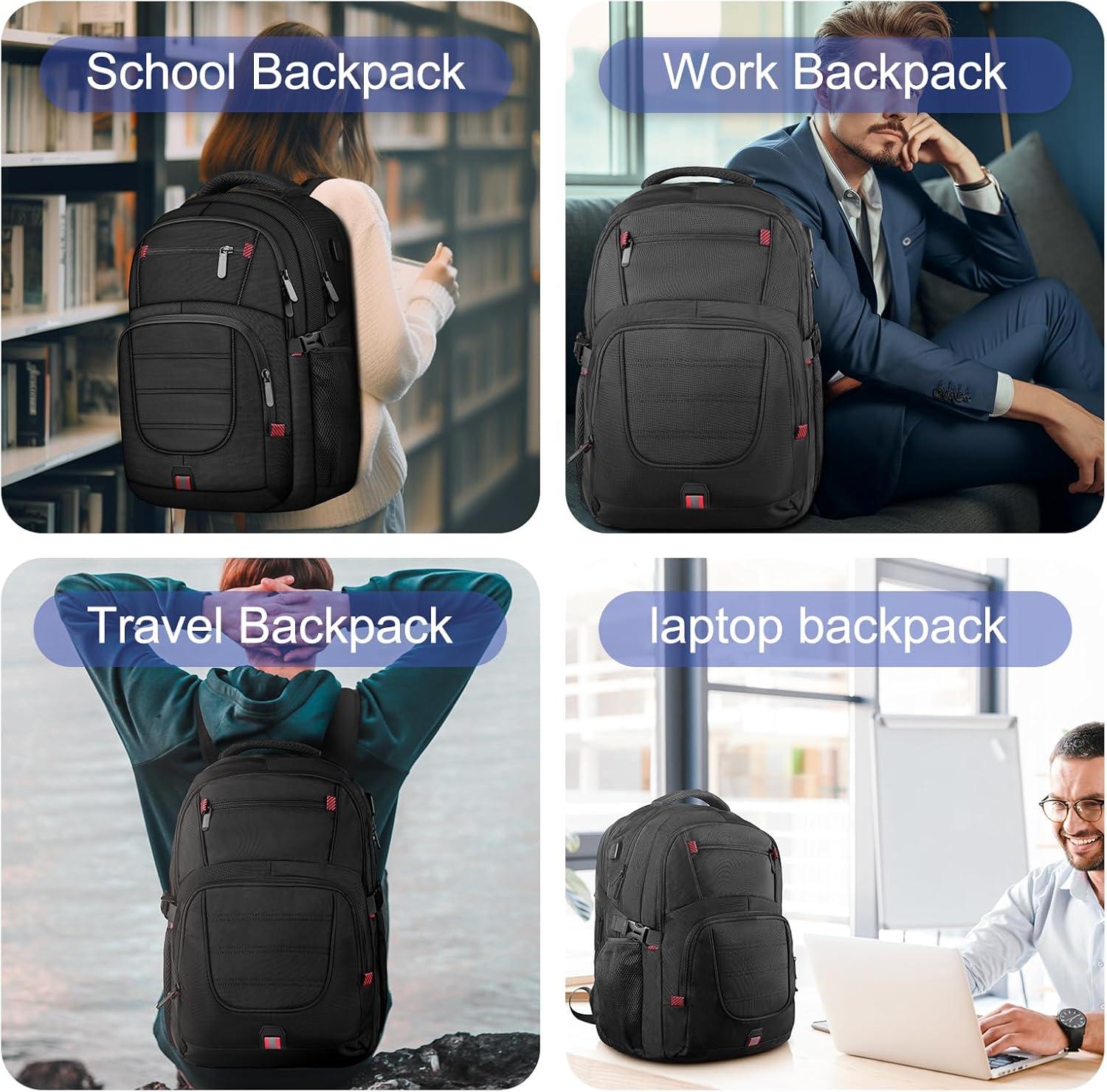 50L Travel Backpack, 17 inch Laptop Backpack for Men, Extra Large Sturdy TSA Friendly with USB Port College School Rucksack Bag Gifts for Him Men Women, Black