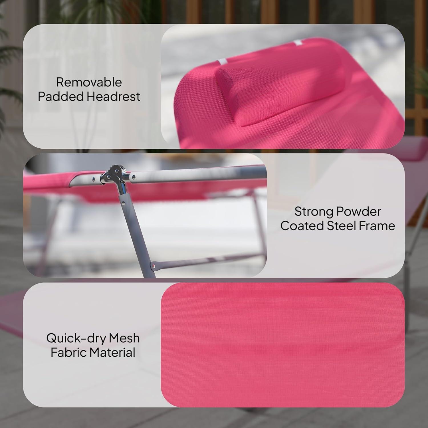 Outsunny Foldable Outdoor Chaise Lounge Chair, 5-Level Reclining Camping Tanning Chair with Breathable Mesh Fabric and Headrest, Pink