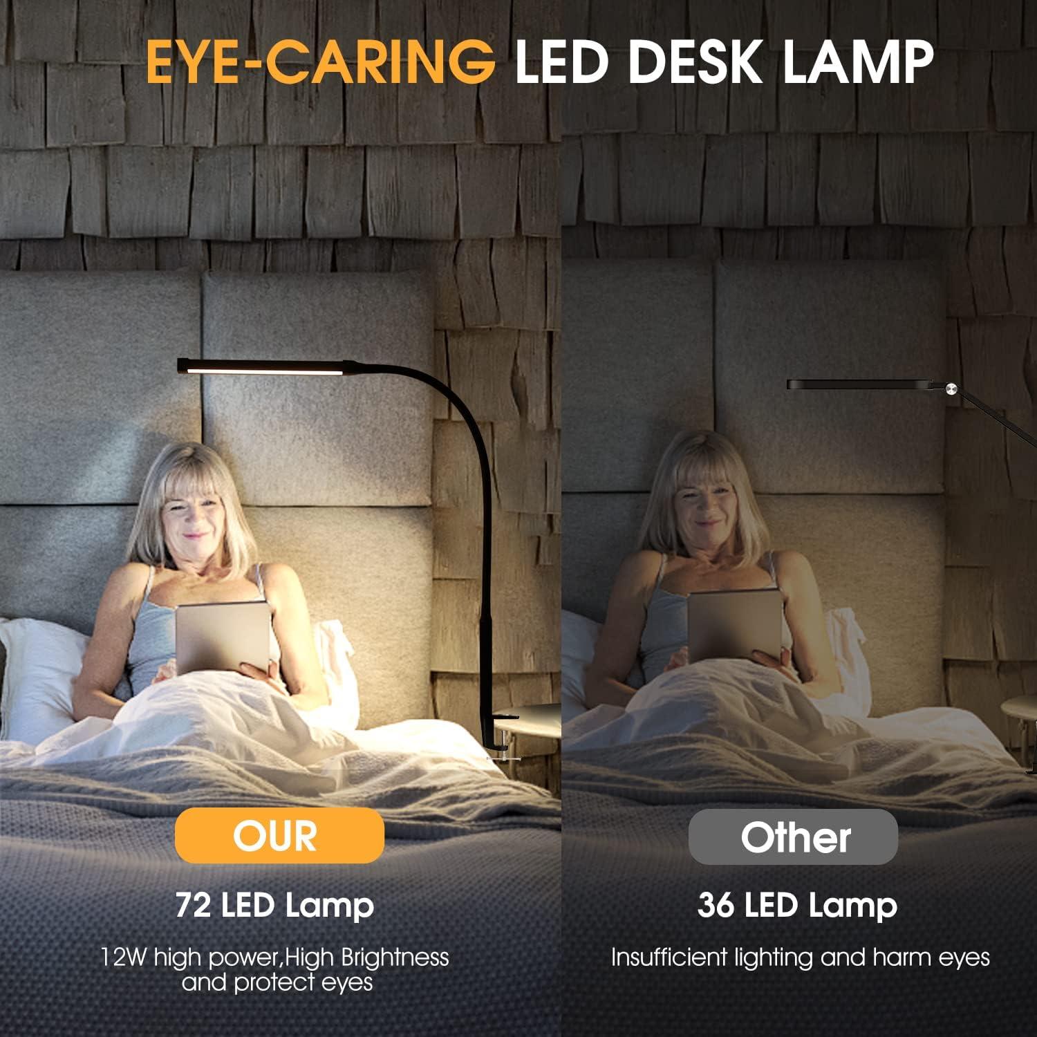 LED Desk lamp with Clamp, Eye-Caring Clip on Lights for Home Office, 3 Modes 10 Brightness, Long Flexible Gooseneck,Metal