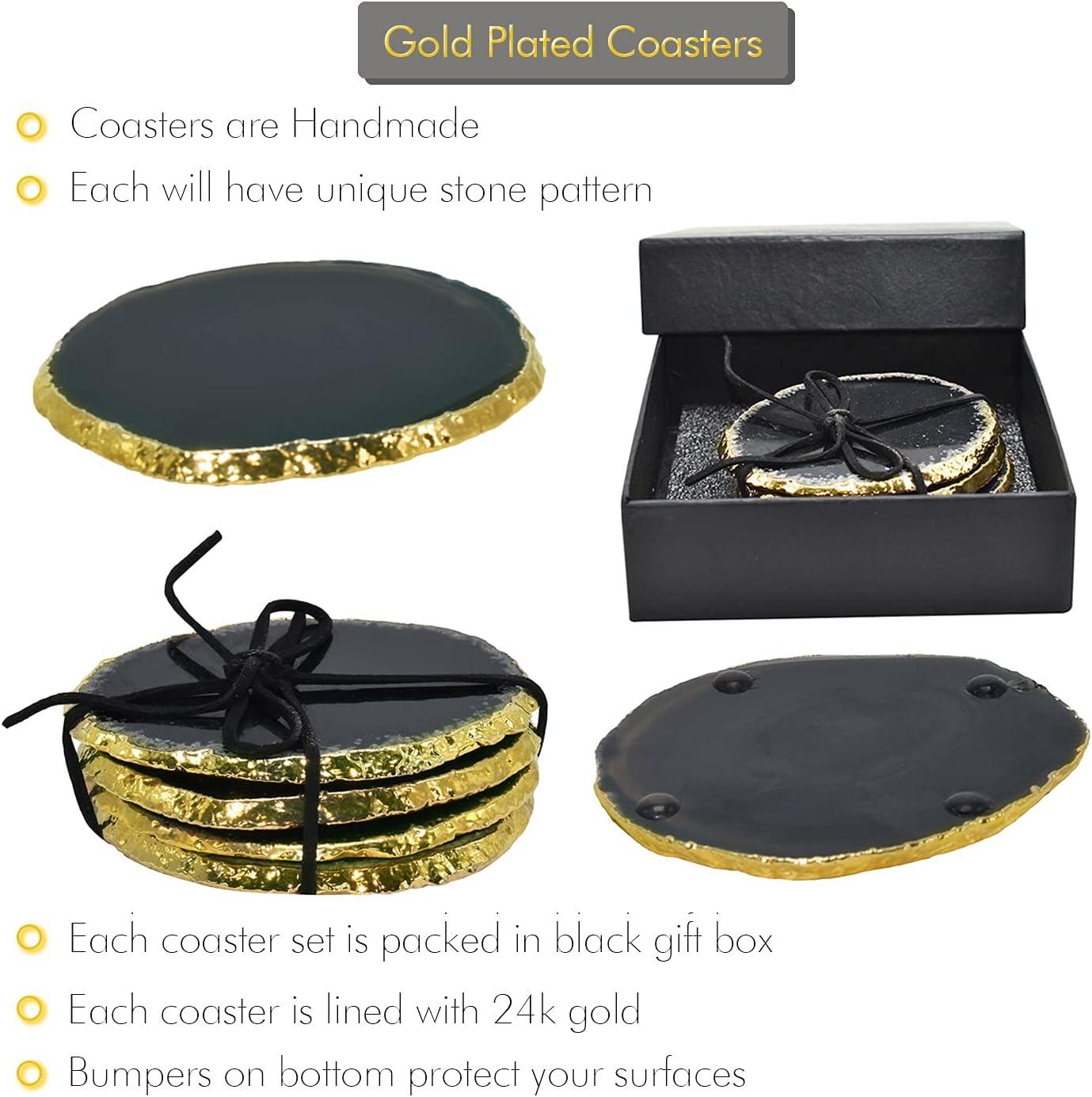 Black and Gold Rimmed Round Agate Stone Coasters Set