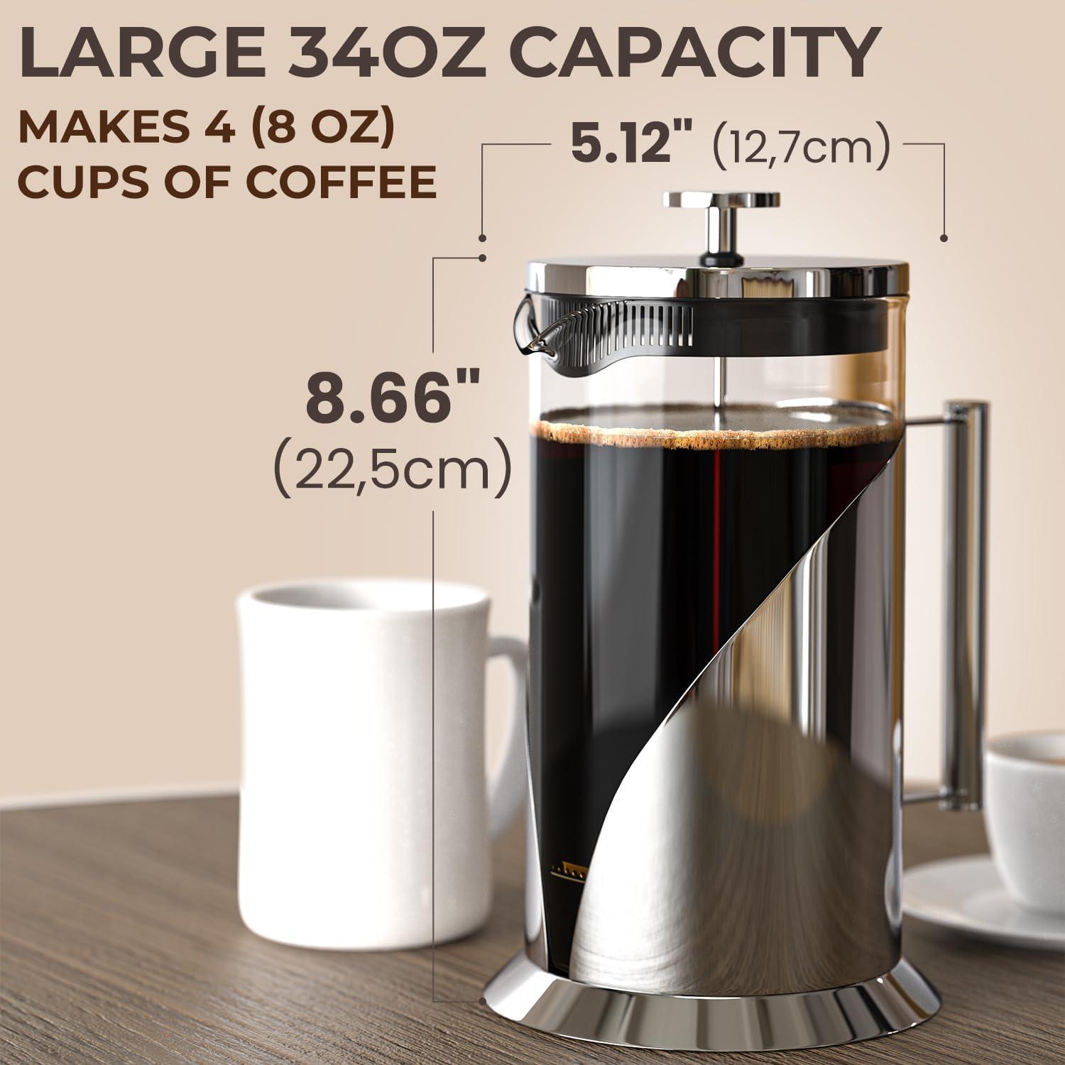 34oz Stainless Steel and Glass French Press Coffee Maker