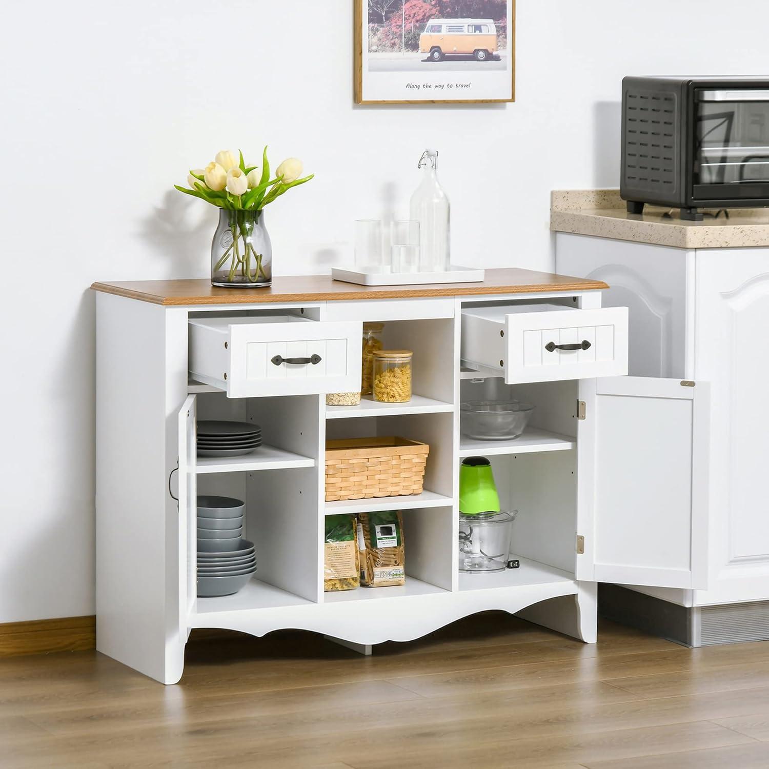 White and Natural 42" Engineered Wood Sideboard Buffet Cabinet