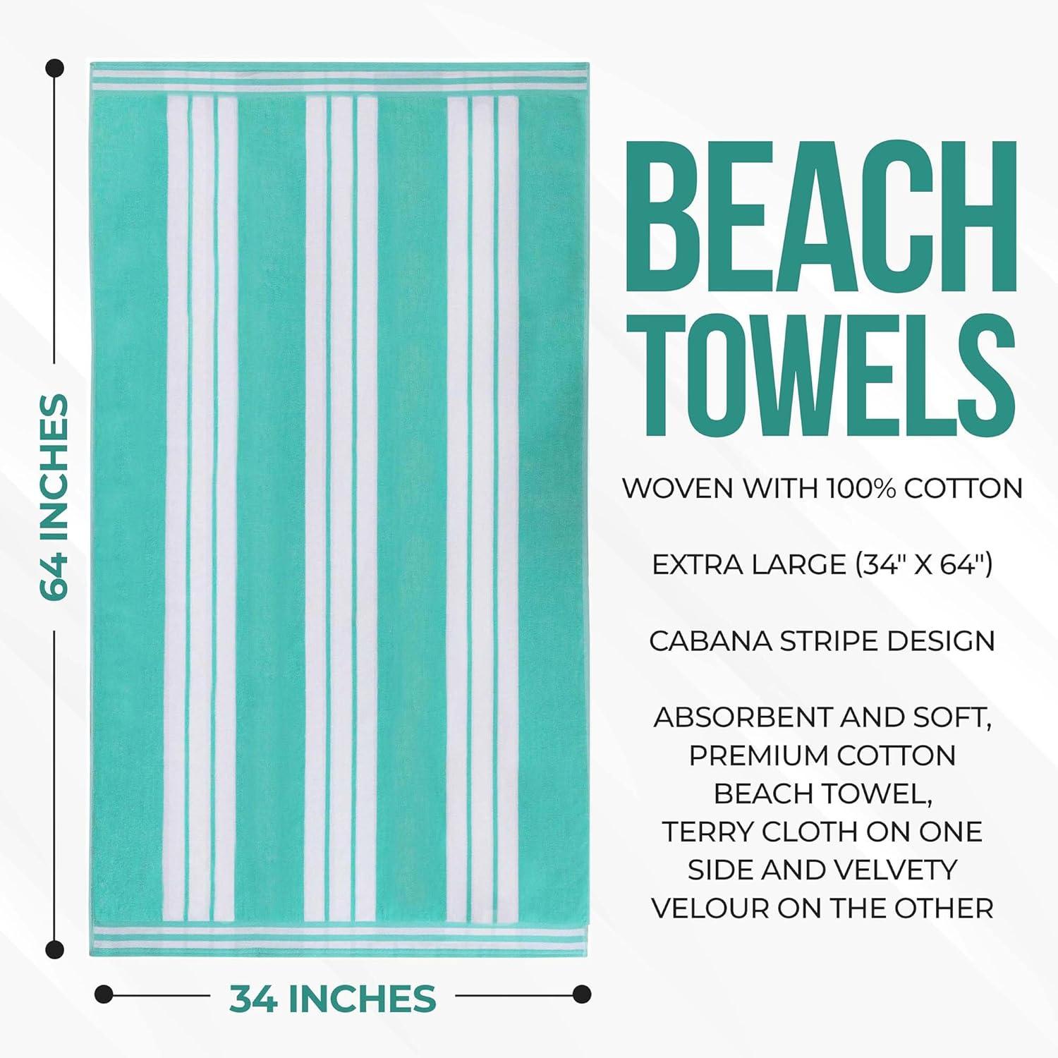 Superior Cotton Striped Oversized Beach Towel, 34" x 64", Mint