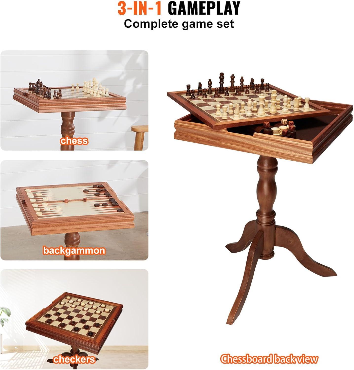 GSE Wooden 3-in-1 Chess Checkers Backgammon Table, Chess Checkers Backgammon Combo Game Set