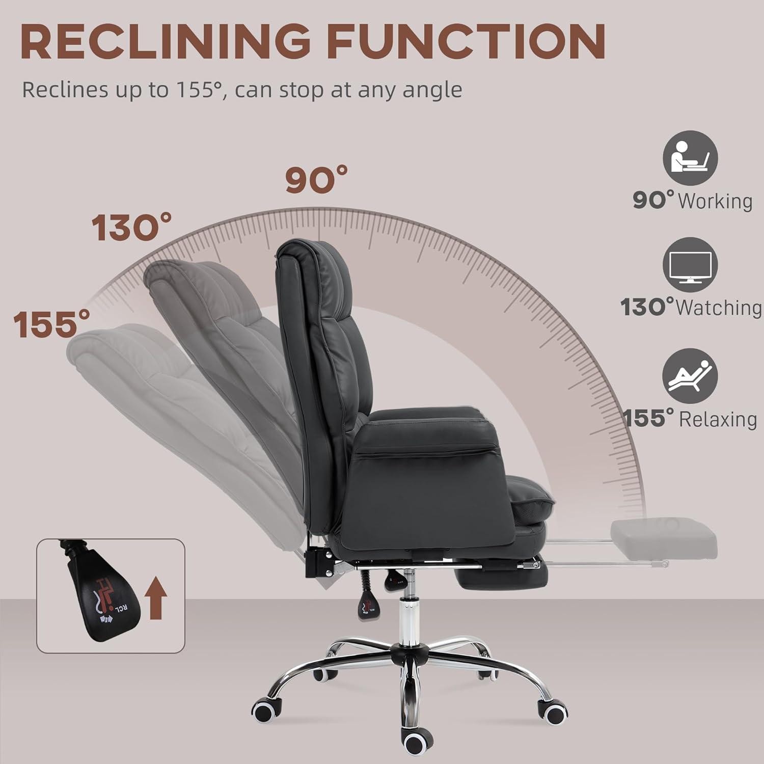 HOMCOM Executive Office Chair with Footrest, Ergonomic Office Chair, Reclining PU Leather Computer Chair, Black