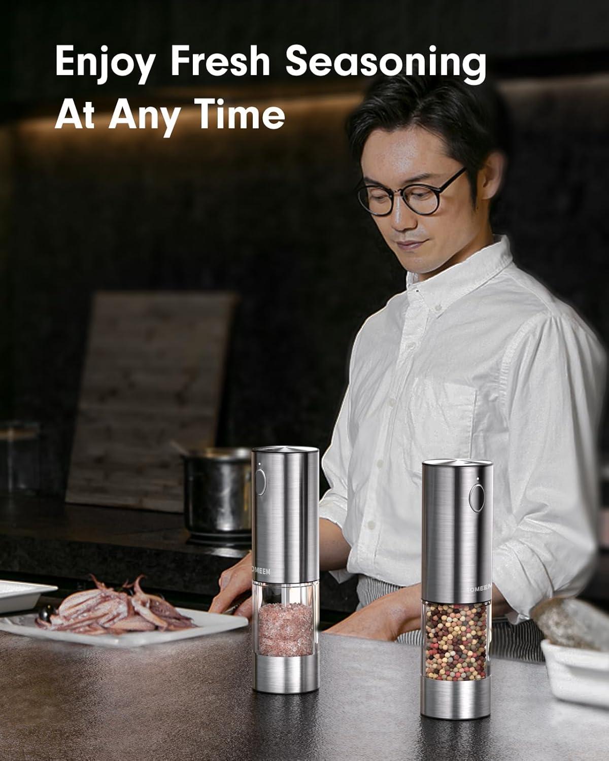 TOMEEM Electric Salt and Pepper Grinder Set Stainless Steel Automatic One Hand Operation Adjustable Coarseness Mill Grinders Shakers & LED Light Refillable