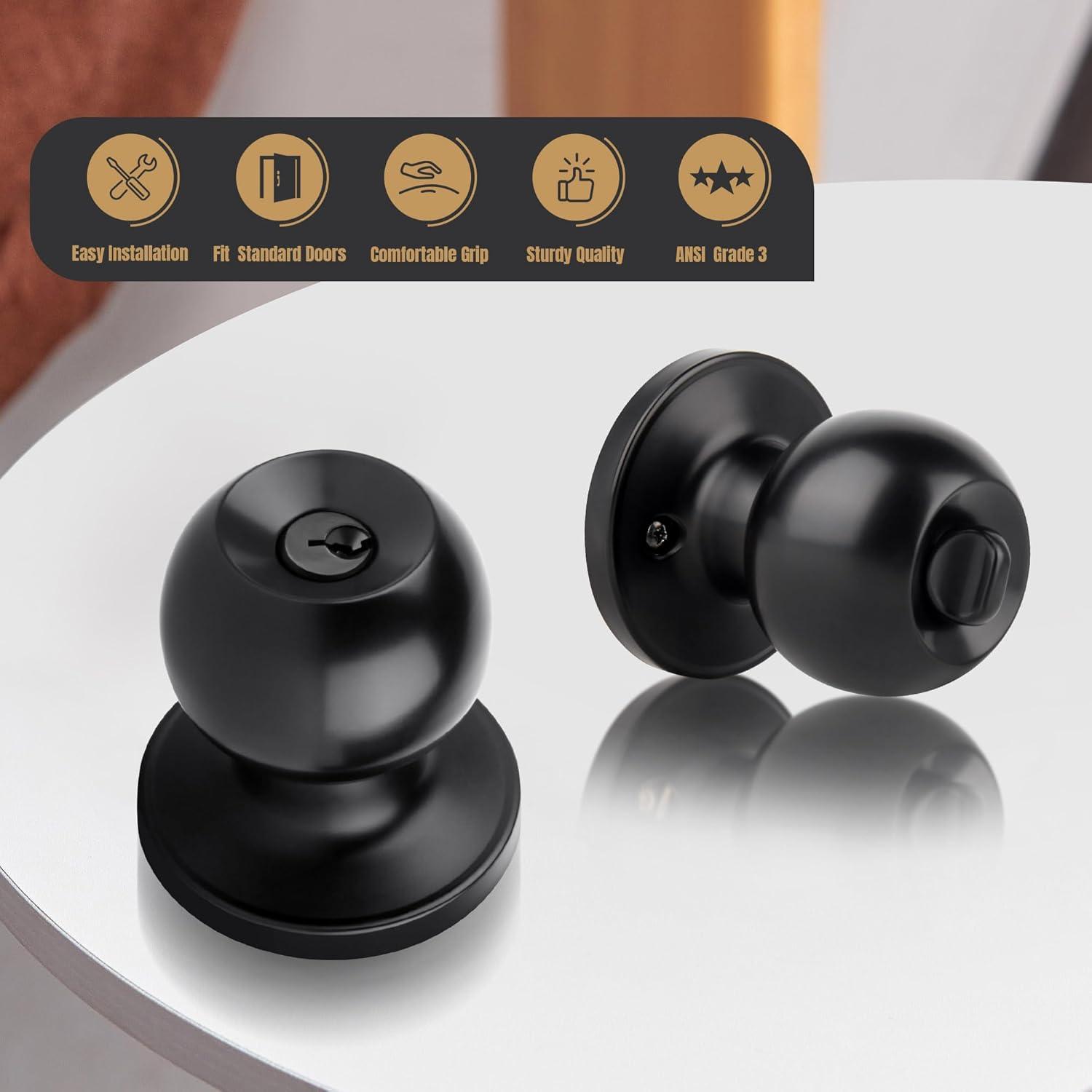 Brinks Keyed Entry Classic Ball Style Doorknob, Matte Black Finish