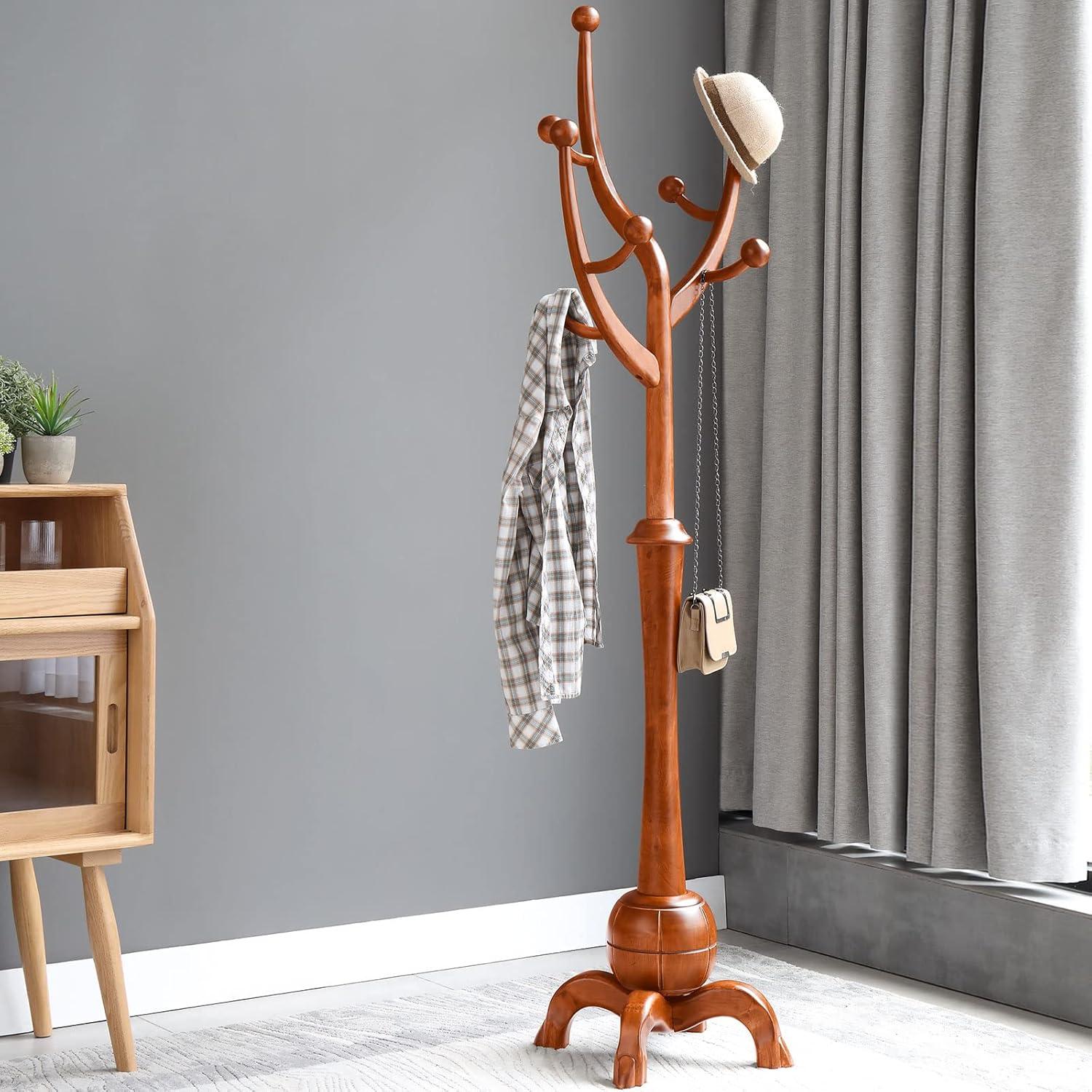 Walnut Brown Freestanding Wooden Coat Rack with 8 Hooks