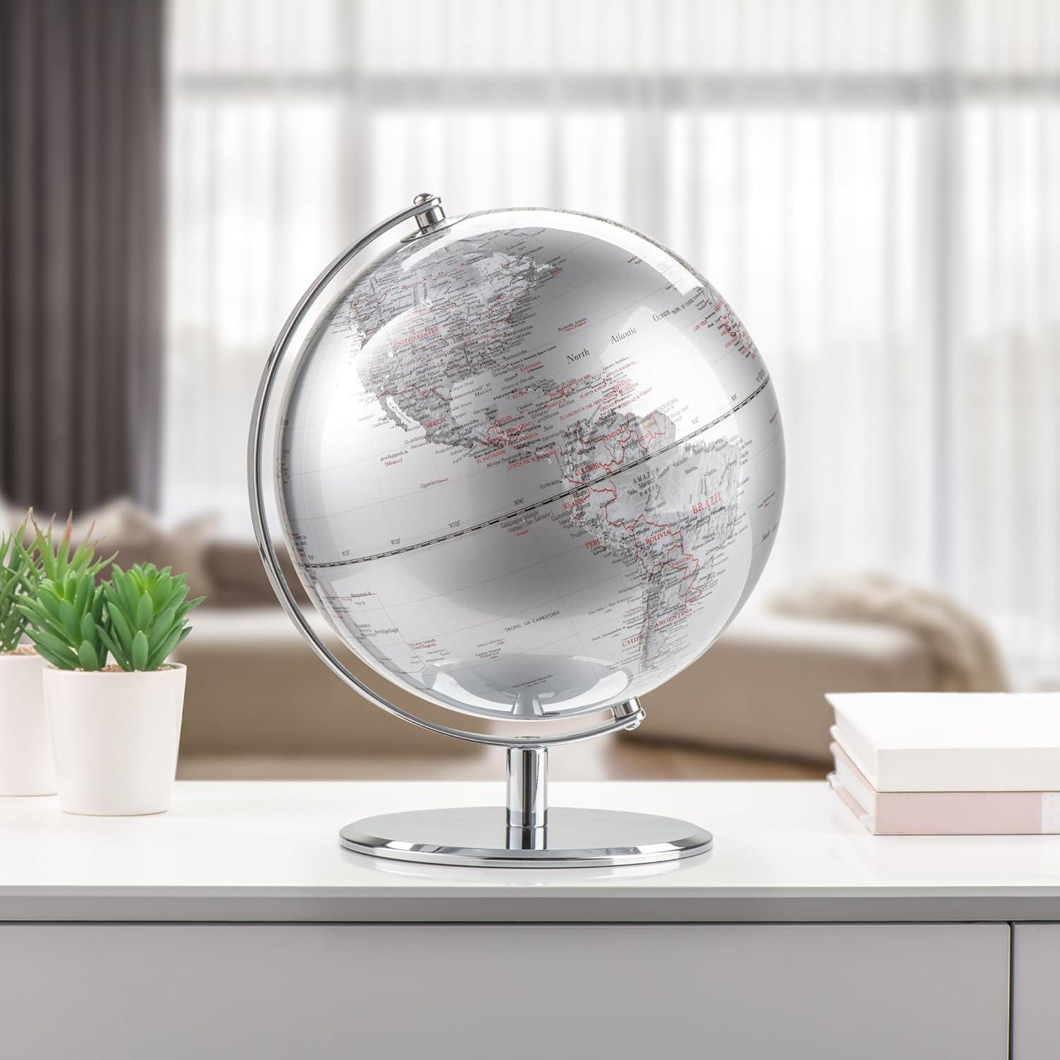 Latitude World Globe by Torre & Tagus | Silver Globe | Globes of the World with Stand | World Globes for Adults | Globe with Chrome Metal Base Stand for Home Office & Living Room Mantle | Silver, 9.5”