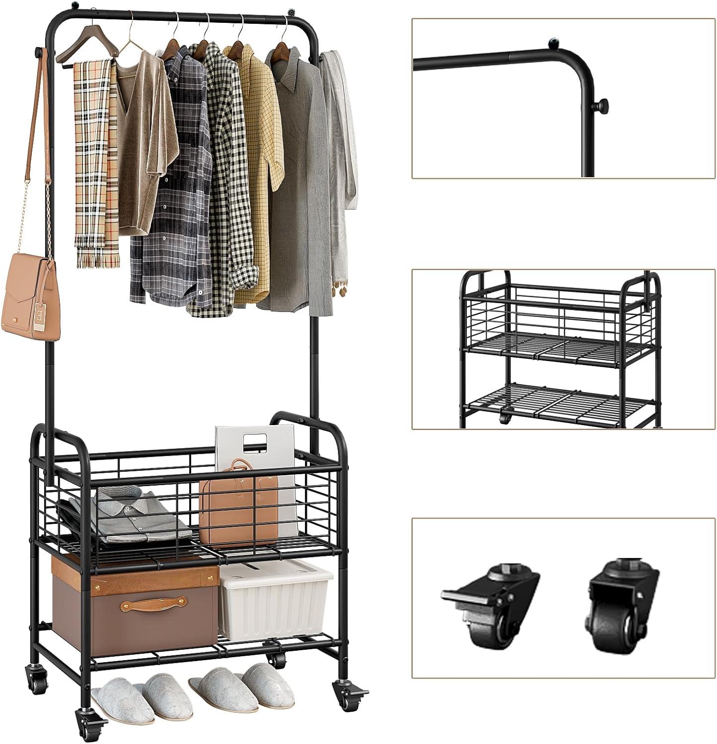 Black Metal Laundry Sorter with Wheels and Hanging Rack