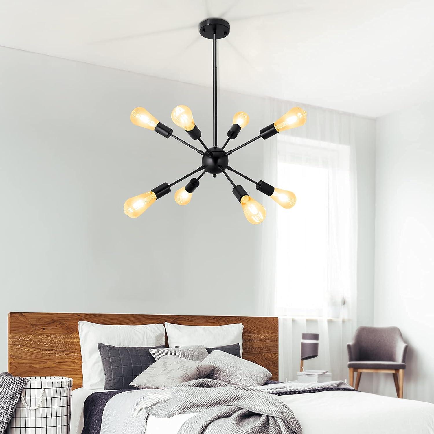 Matte Black 8-Light Sputnik Chandelier with Adjustable Rod