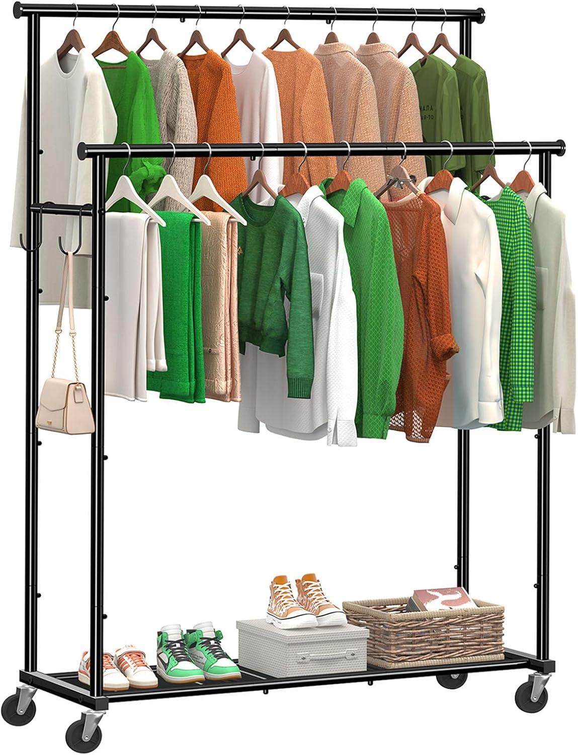 Black Heavy Duty Double Rod Garment Rack with Mesh Shelf