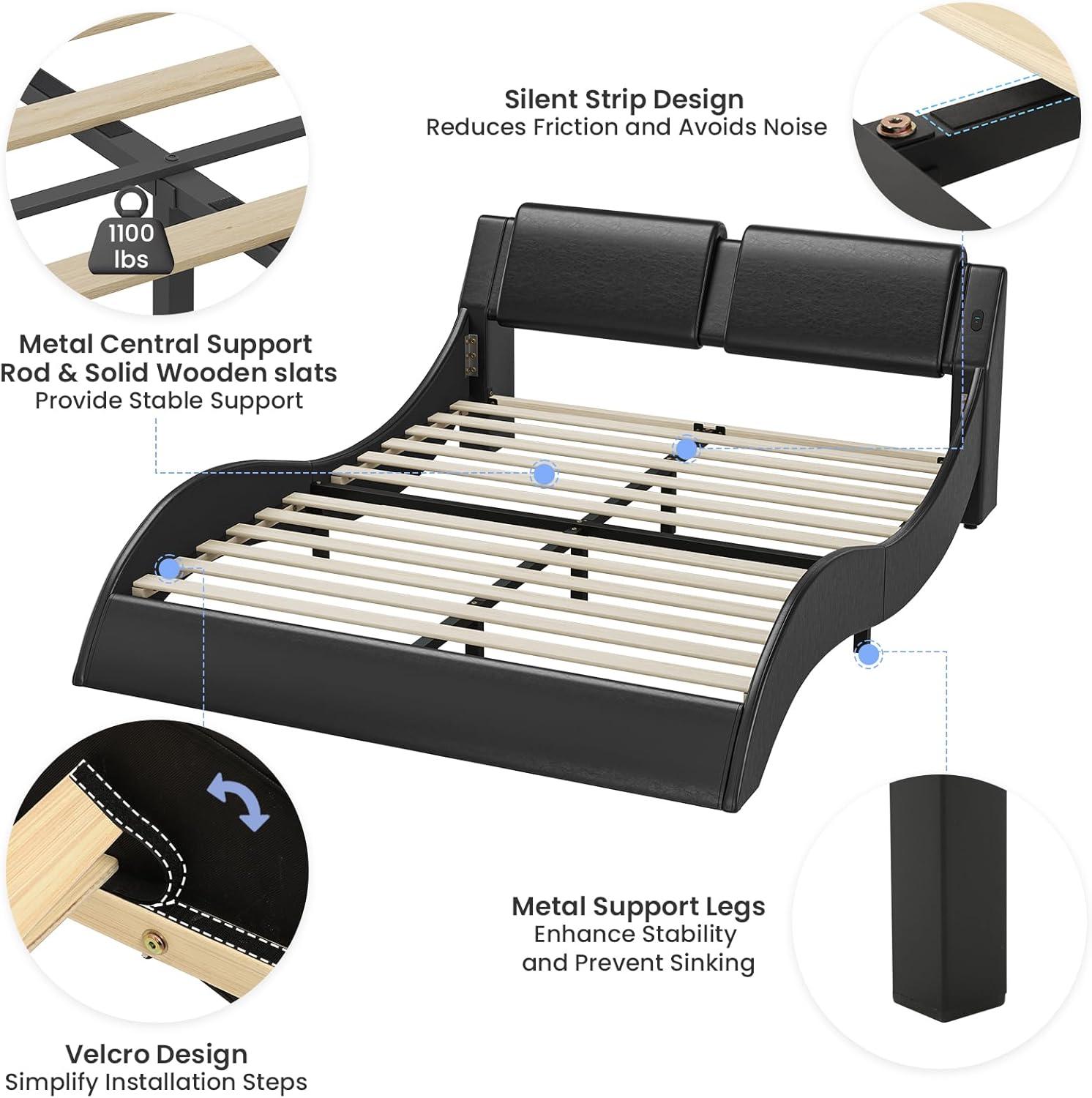 Queen Bed Frame Wave Like Curve Upholstered Platform Bed Frame with RGB Led Lights Underneath, Strong Wood Slats Support,Black