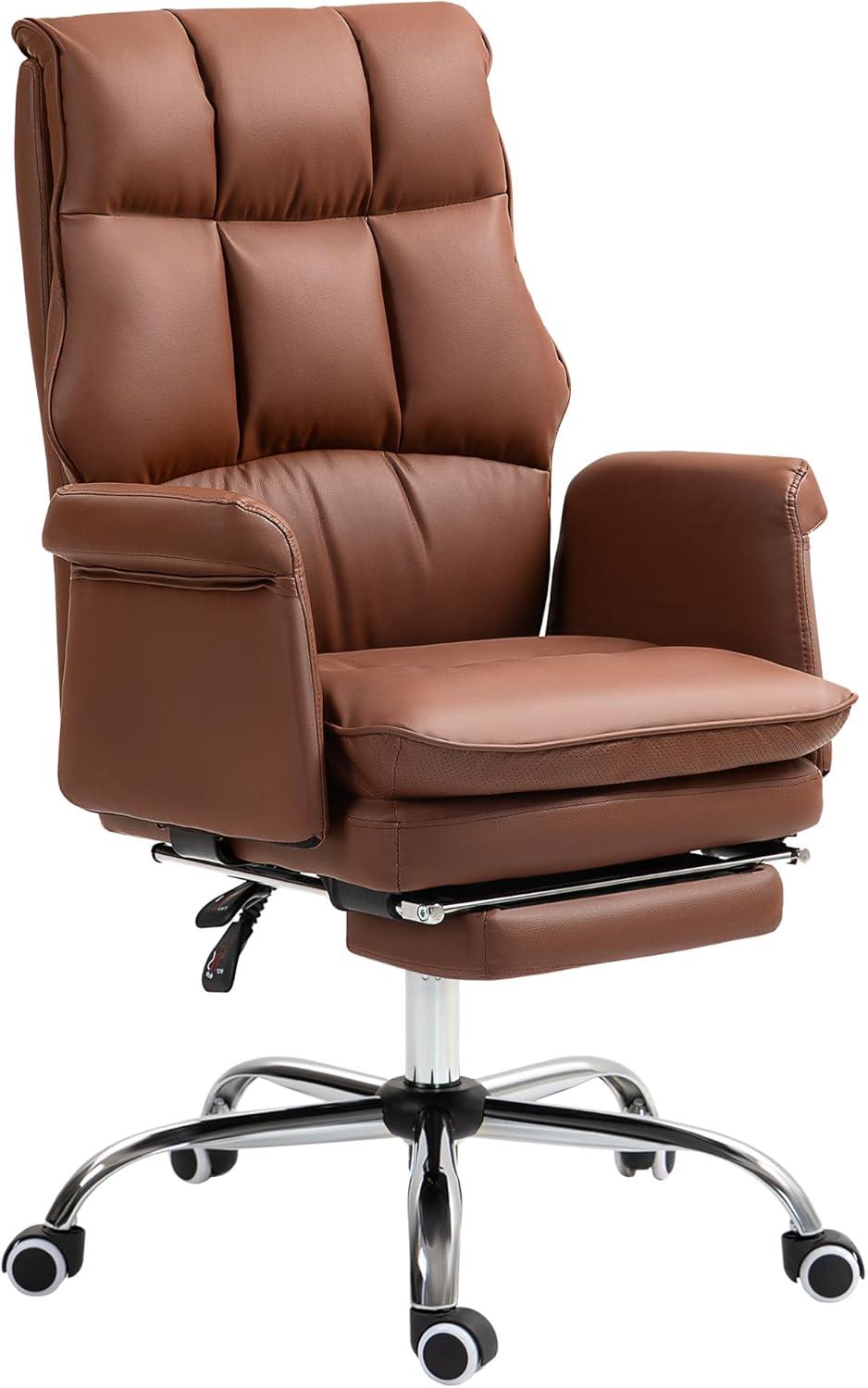 HOMCOM Executive Office Chair with Footrest, Ergonomic Office Chair, Reclining PU Leather Computer Chair, Brown