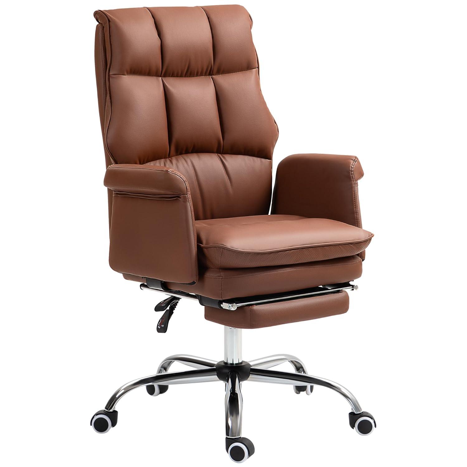 HOMCOM Executive Office Chair with Footrest, Ergonomic Office Chair, Reclining PU Leather Computer Chair, Brown