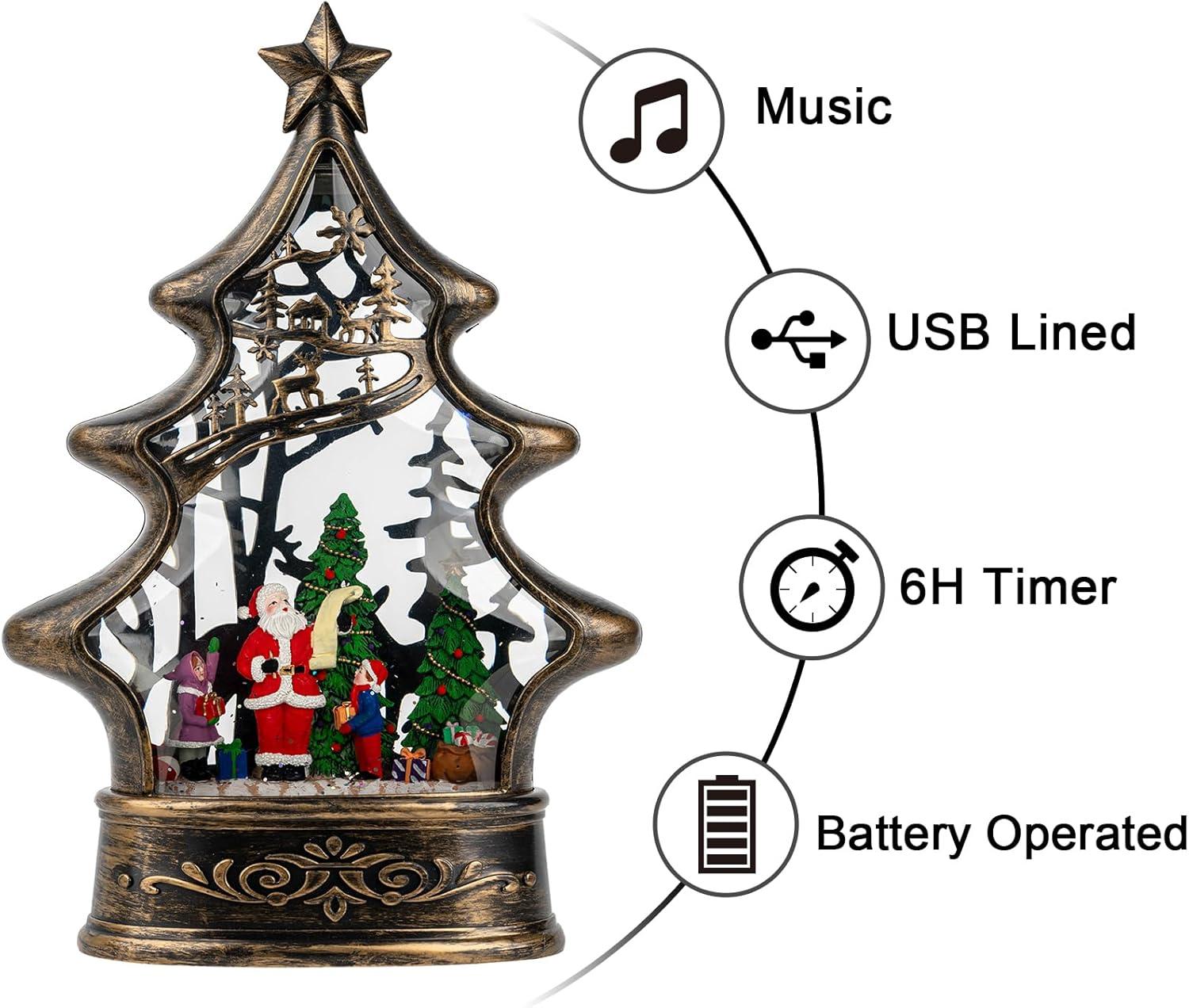 Bronze Christmas Tree Lantern Snow Globe with Santa Scene