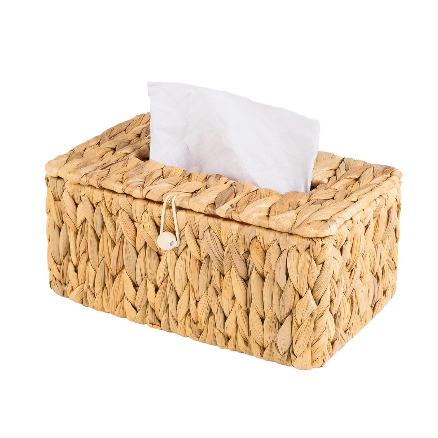 PINXIURY Water Hyacinth Handwoven Tissue Box Cover, Natural Handmade Wicker Napkin Box Holder, Handcrafted Square Facial Tissue, Rustic Decorative on Table and Bathroom, Office, Boho Decorative