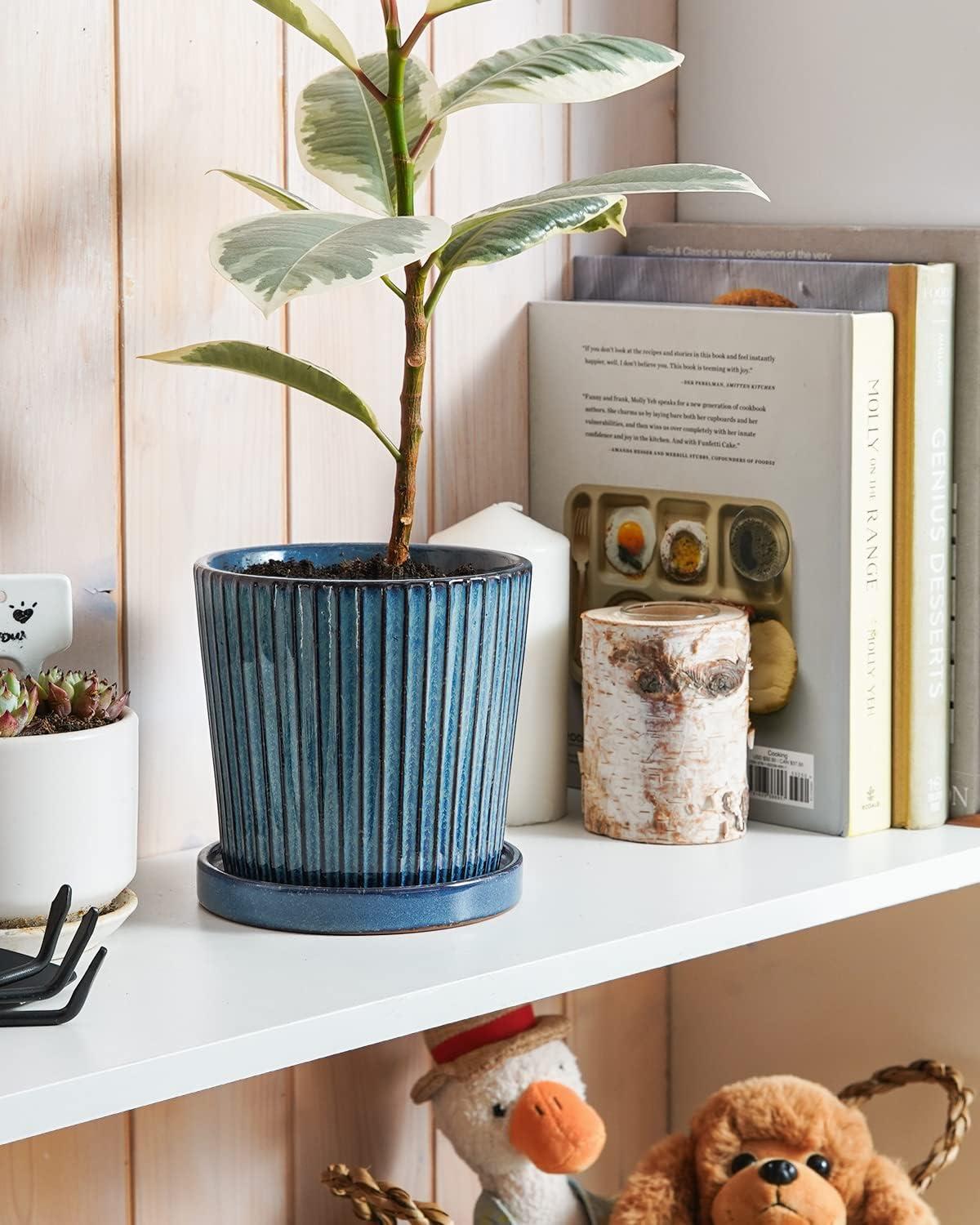 BEMAY 5.5" Plant Pots, Ceramic Indoor Planters with Drainage and Tray, Set of 2 Flower Pots for Succulent,Plants, Reactive Glaze Blue