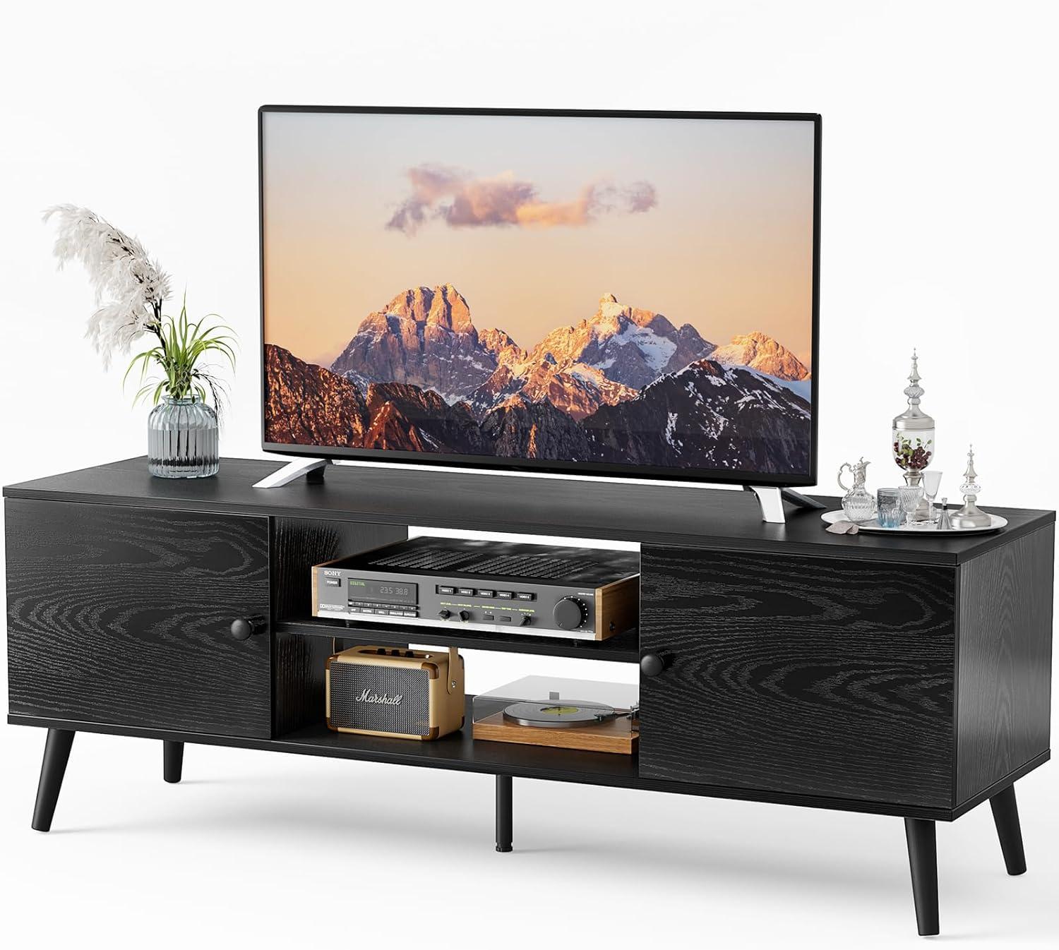 TV Stand for 55 60 inch Television, Entertainment Center with Storage, 2 Cabinet Media Console Table, Soft Hinge Door with Handle, Wood Feet, Living Room, Bedroom Furniture, Brown