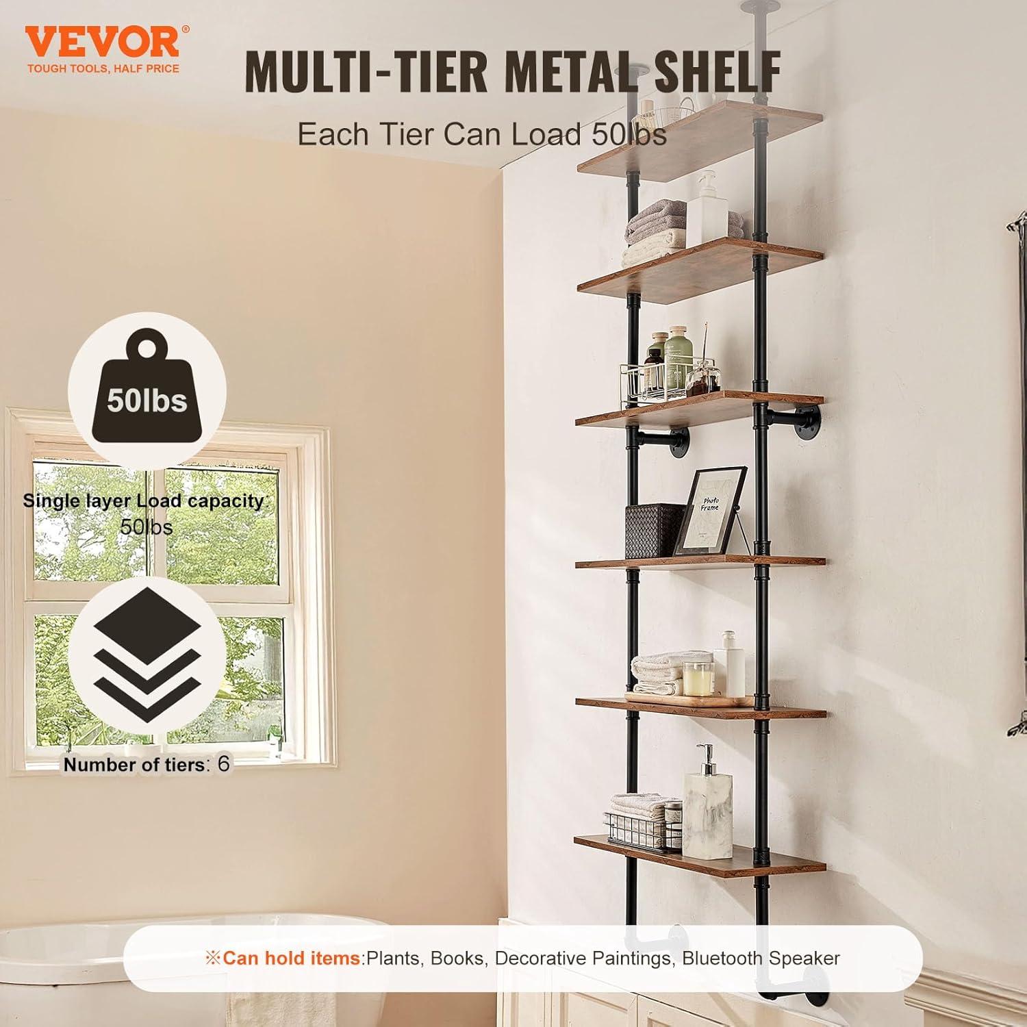 VEVOR Industrial Pipe Shelf, 6 Tier 24x9.84in, Wall-Mount Floating Rustic Wood Shelves Bracket Display Bookshelf, Storage Rack Sundries Holder for Kitchen Bedroom Bathroom Living Room, Black