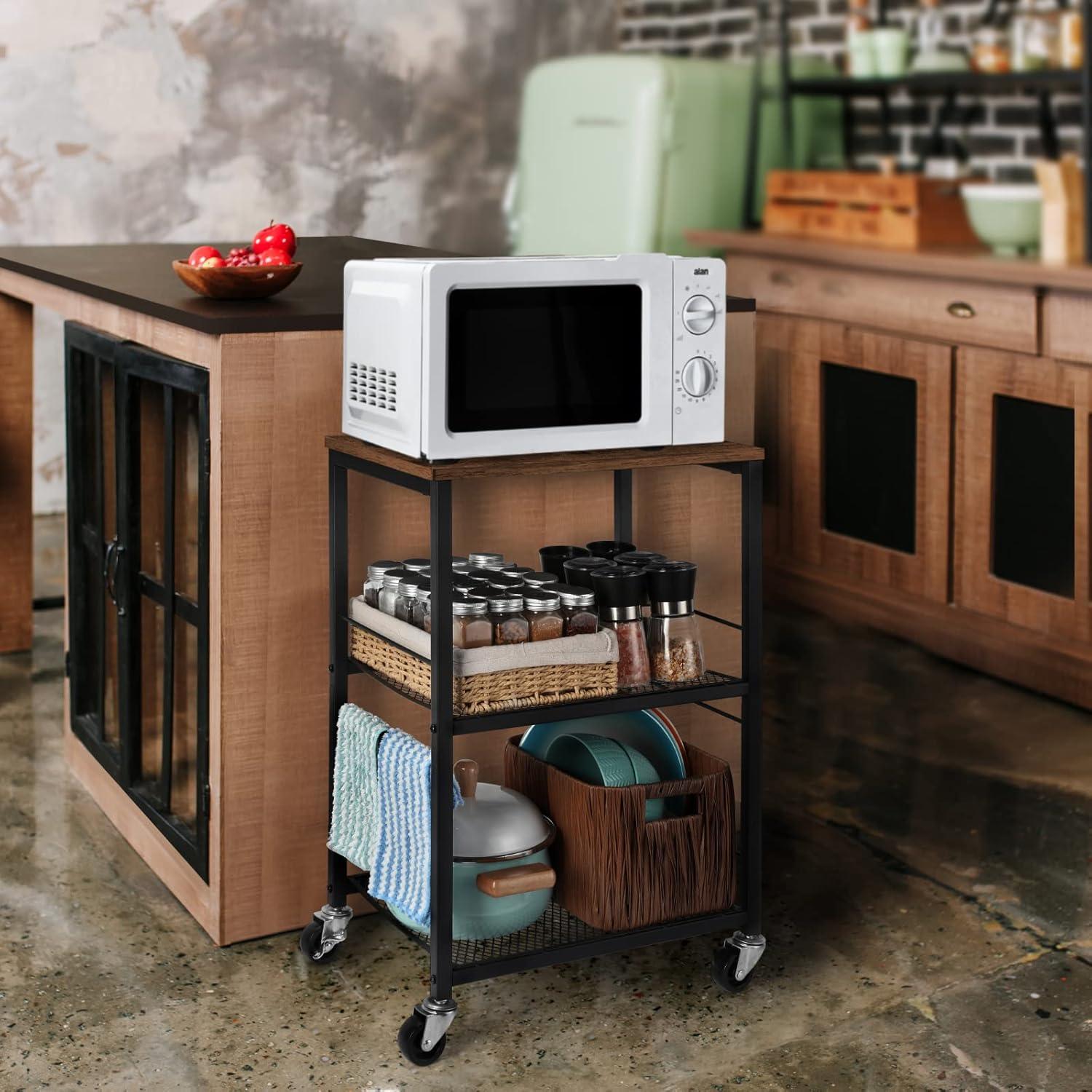 Brown and Black Metal 3-Tier Rolling Kitchen Cart with Storage