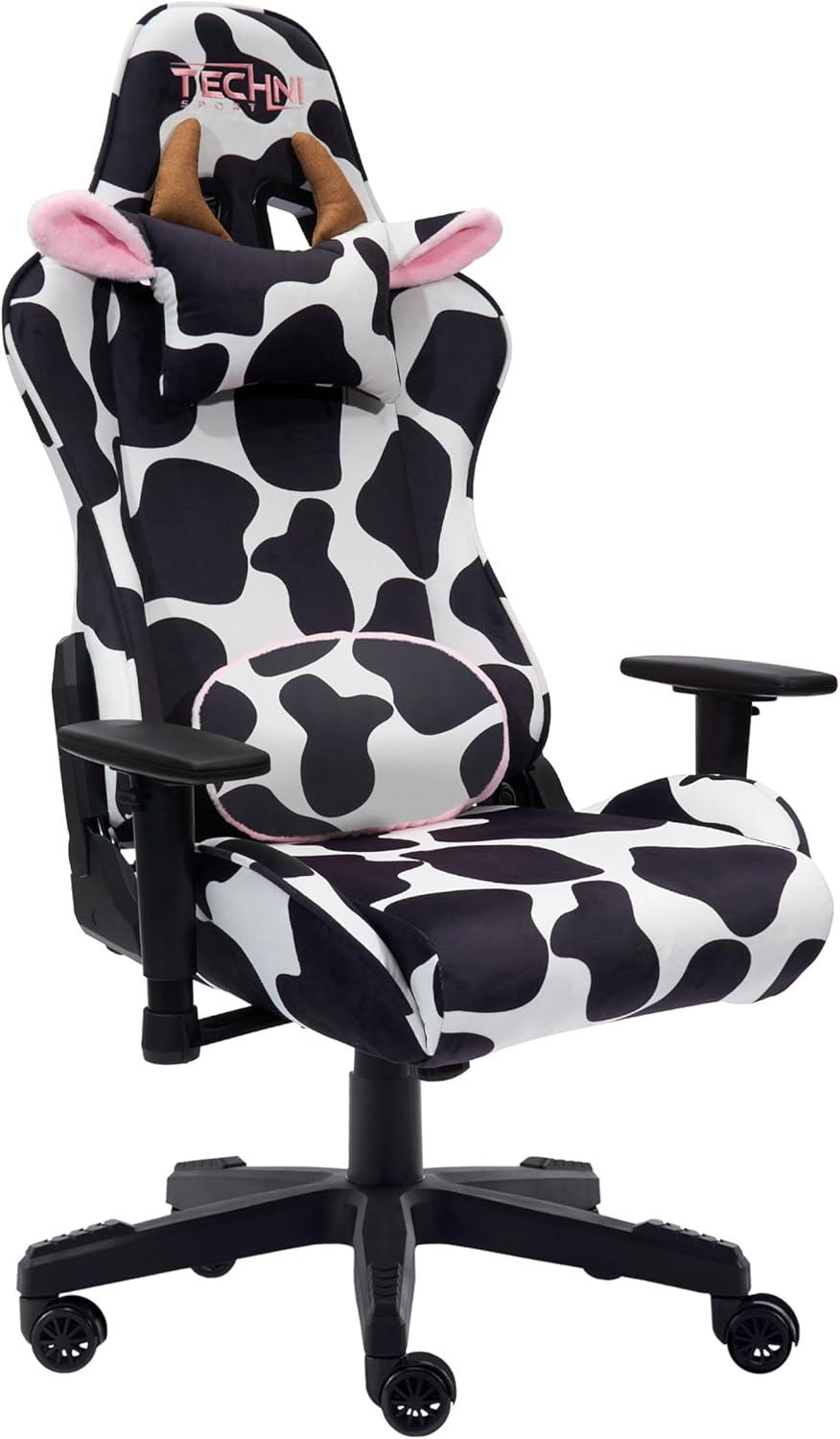 Ts85 Cow Print Luxx Series Gaming Chair Cow - Techni Sport: Velvet Upholstery, Memory Foam, Adjustable