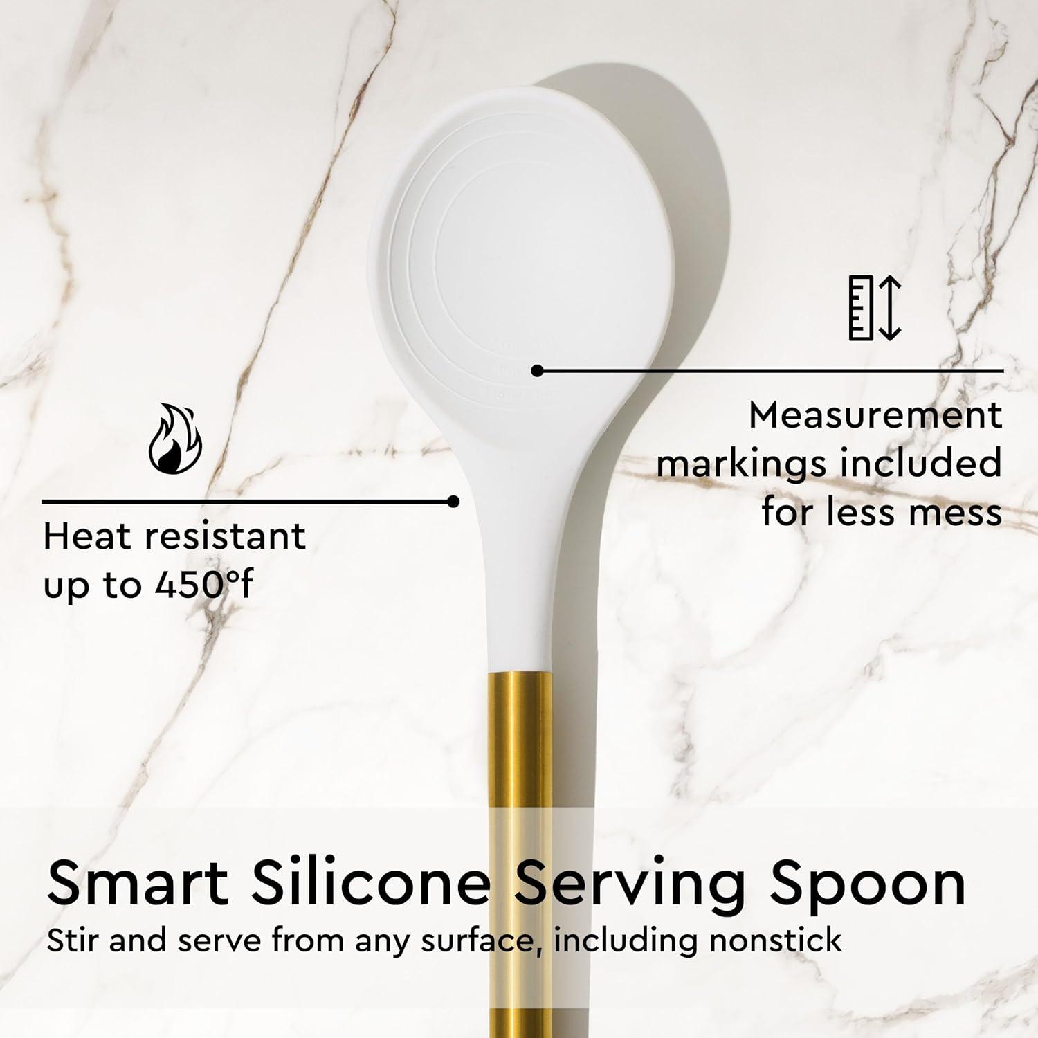 White and Gold Silicone Kitchen Utensils Set with Stainless Steel Handles
