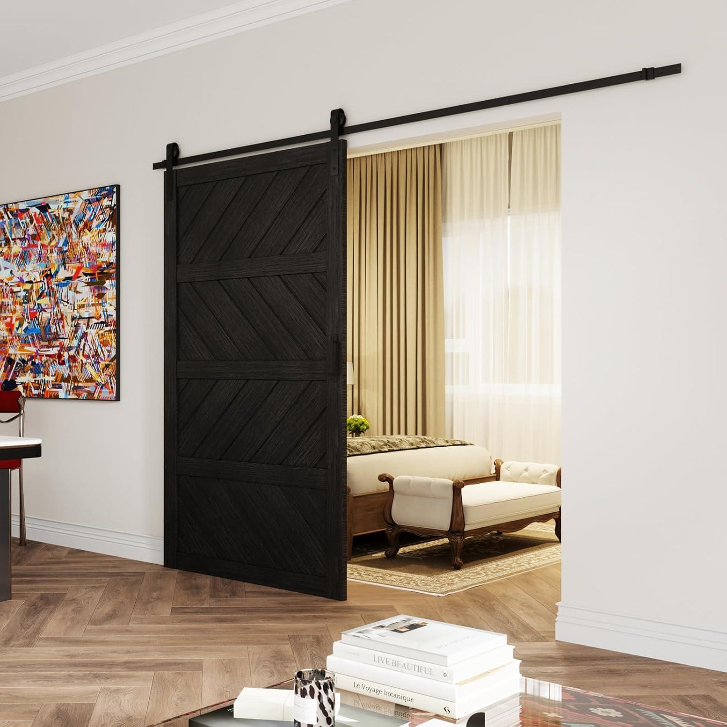 Sliding Barn Door 48”x84”, Black Barn Door with Modern Paneled Wave Design, Complete Barn Door Set, Waterproof PVC Surface, Assembly Required for Bedroom, Living Room, Closet, or Bathroom