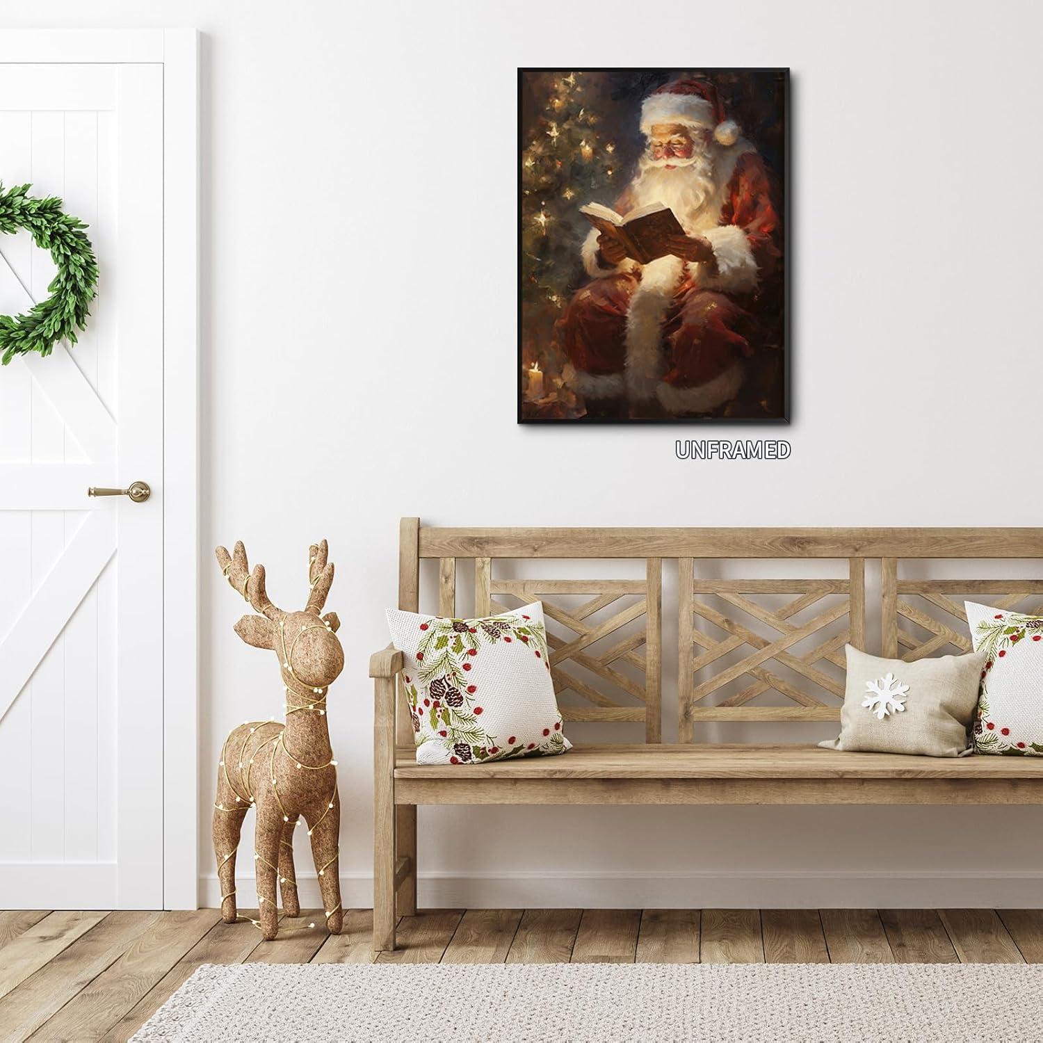 Vintage Christmas Santa Claus Reading Canvas Wall Art