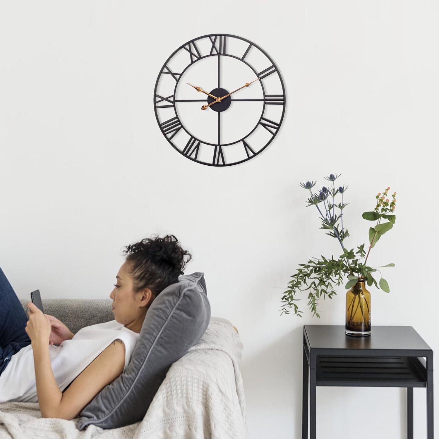 Oversized Black Metal Roman Numeral Wall Clock