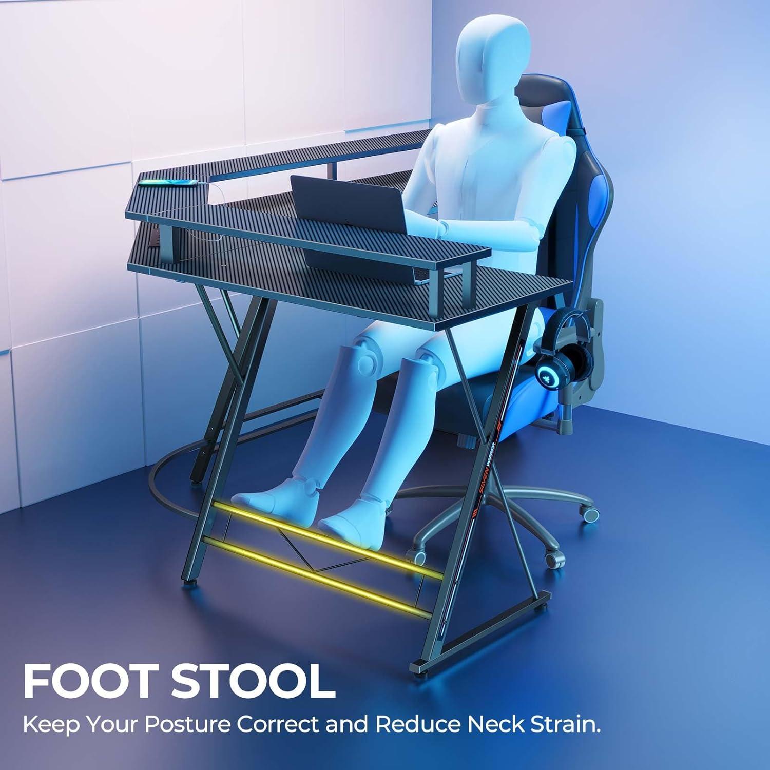 SEVEN WARRIOR L Shaped Gaming Desk with LED Lights & Power Outlets, 50.4” Computer Desk with Monitor Stand, Corner Desk with Carbon Fiber Surface, Gaming Table with Hooks, Black