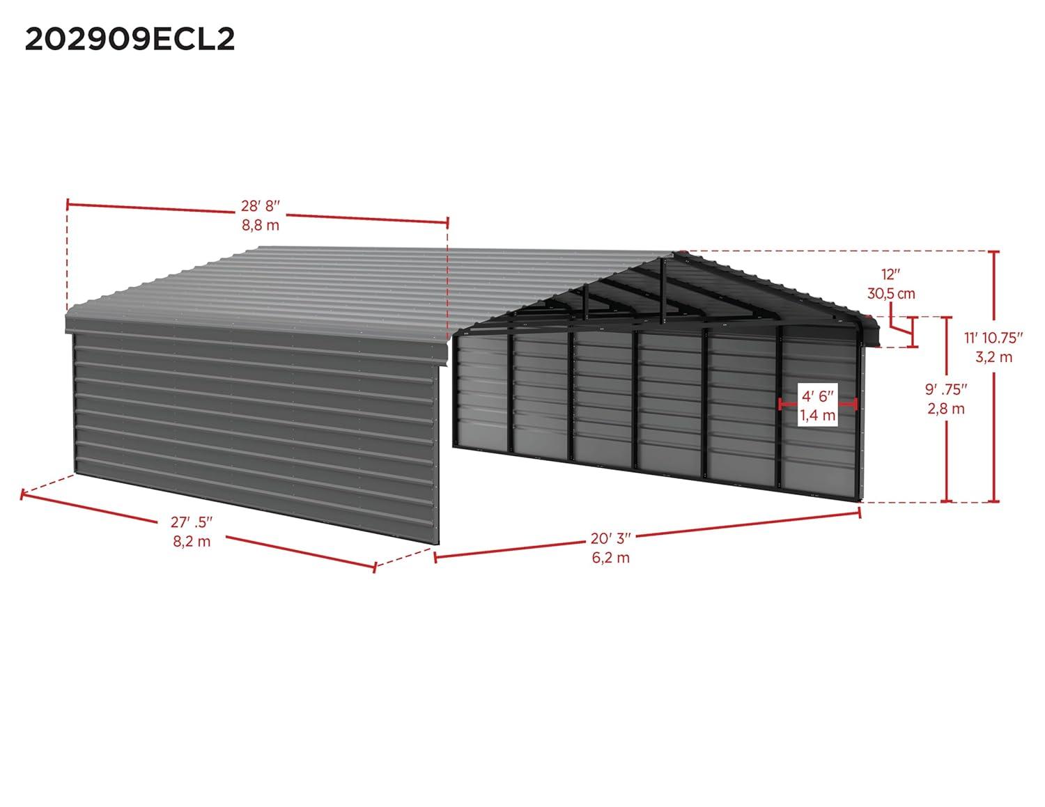Arrow 29 x 20 ft Charcoal Carport with 2-sided Enclosure
