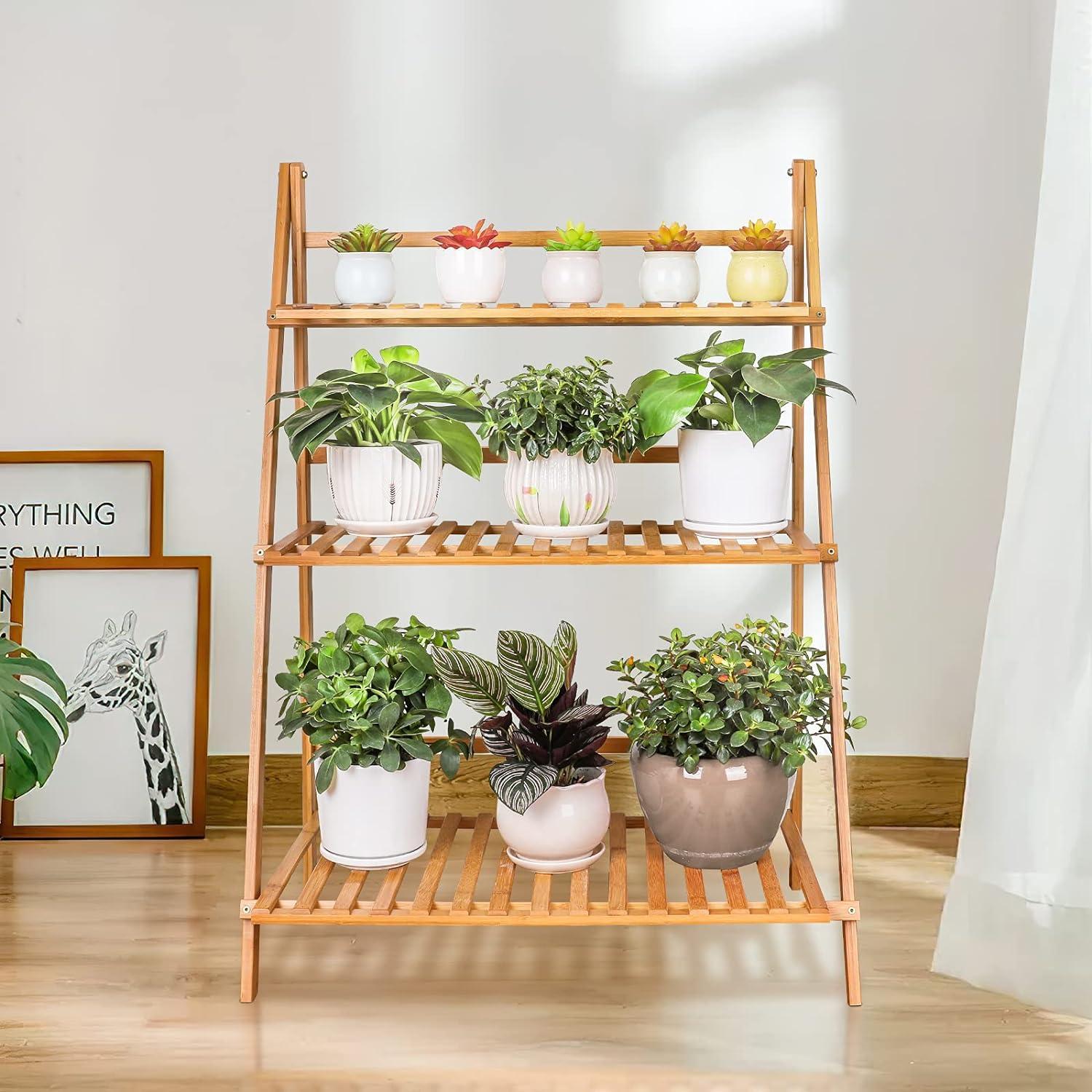 Natural Bamboo 3-Tier Foldable Ladder Plant Stand