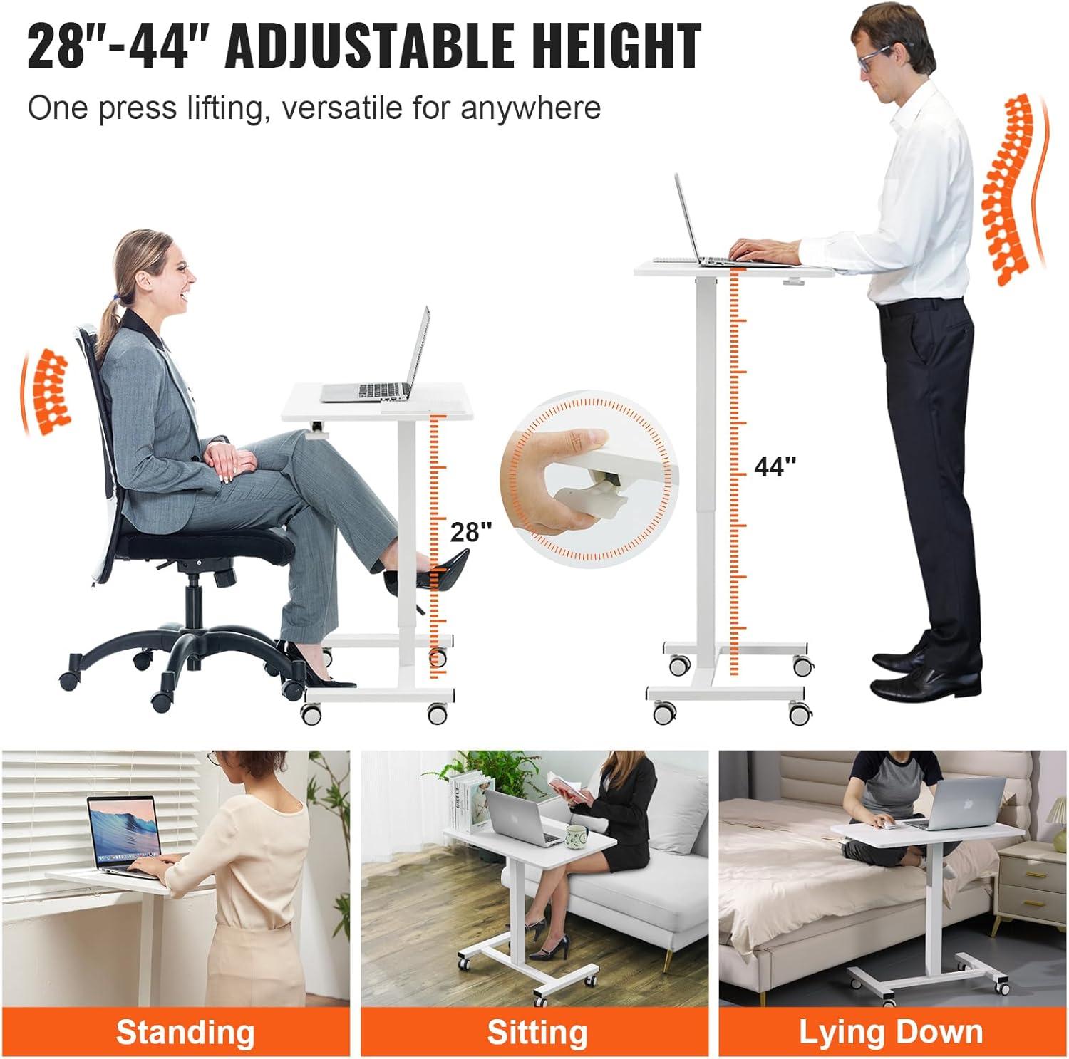 VEVOR Mobile Standing Desk Gas-Spring Height Adjustable Sit-Stand Desk 360° Swivel Wheels(2 Lockable) 28"-44"H