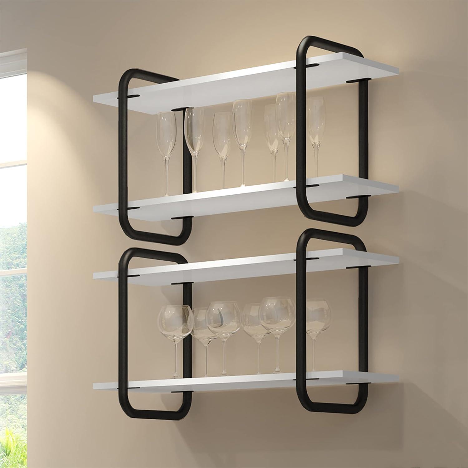 Modern Floating Wall Shelves White - Techni Mobili: 2-Tier, Steel Frame, Decorative Storage