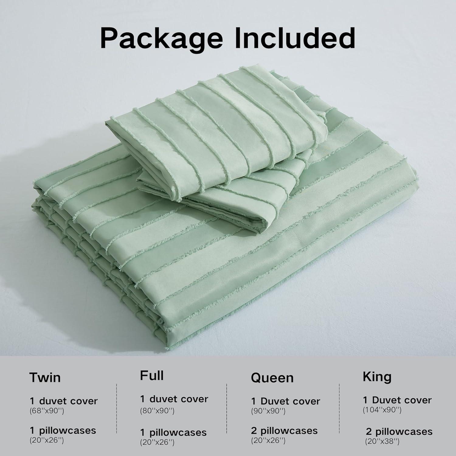 Sage Green Striped Textured Queen Duvet Cover Set