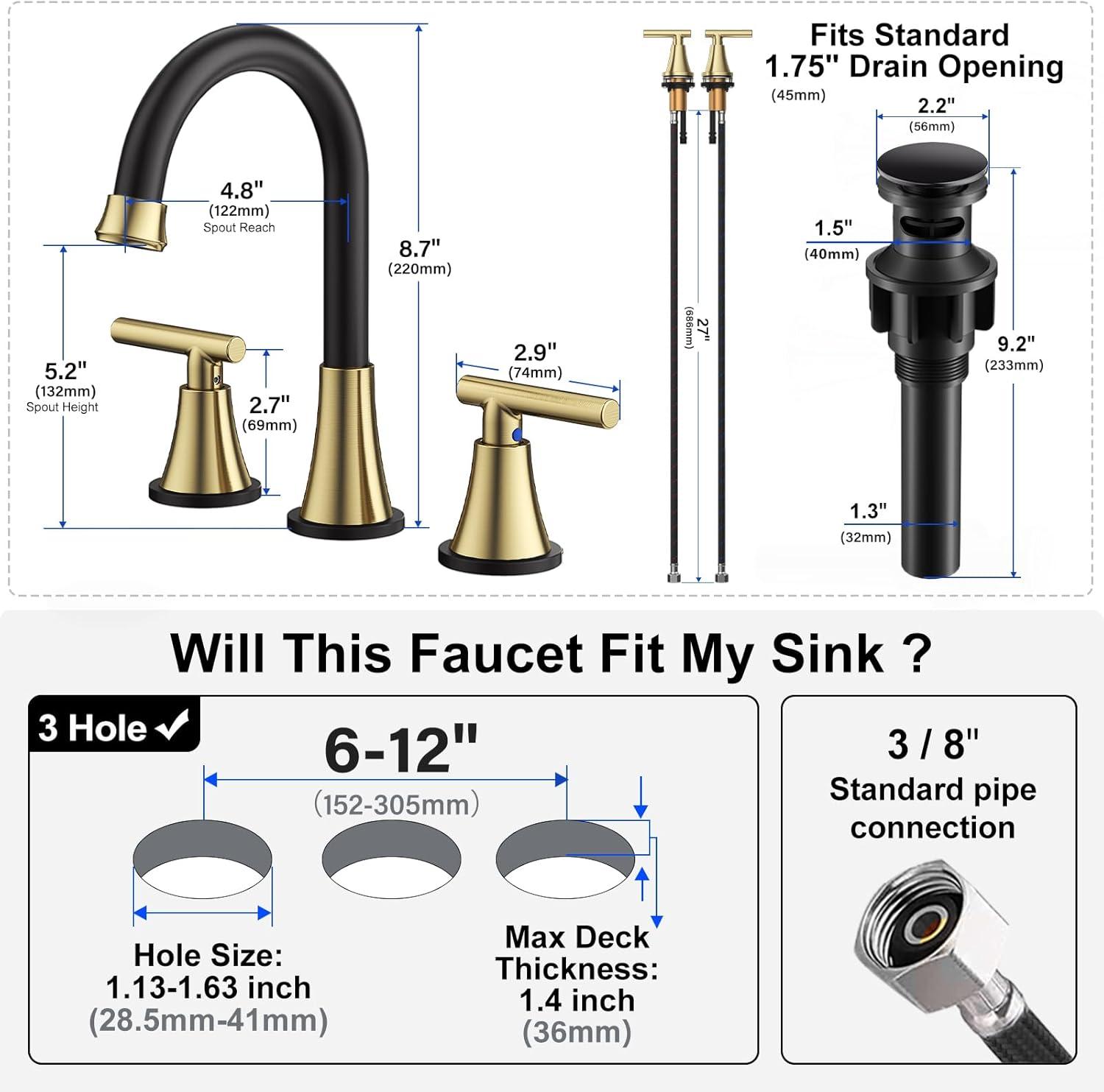 Black and Gold Stainless Steel Widespread Bathroom Faucet