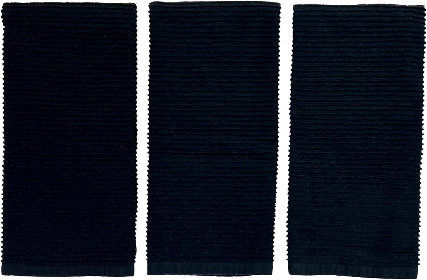 Serafina Home Oversized Solid Color Black Kitchen Dish Towels: 100% Cotton Cloth Soft Cleaning Drying Absorbent Ribbed Terry Loop, Set of 3 Multipurpose for Everyday Use (Black)